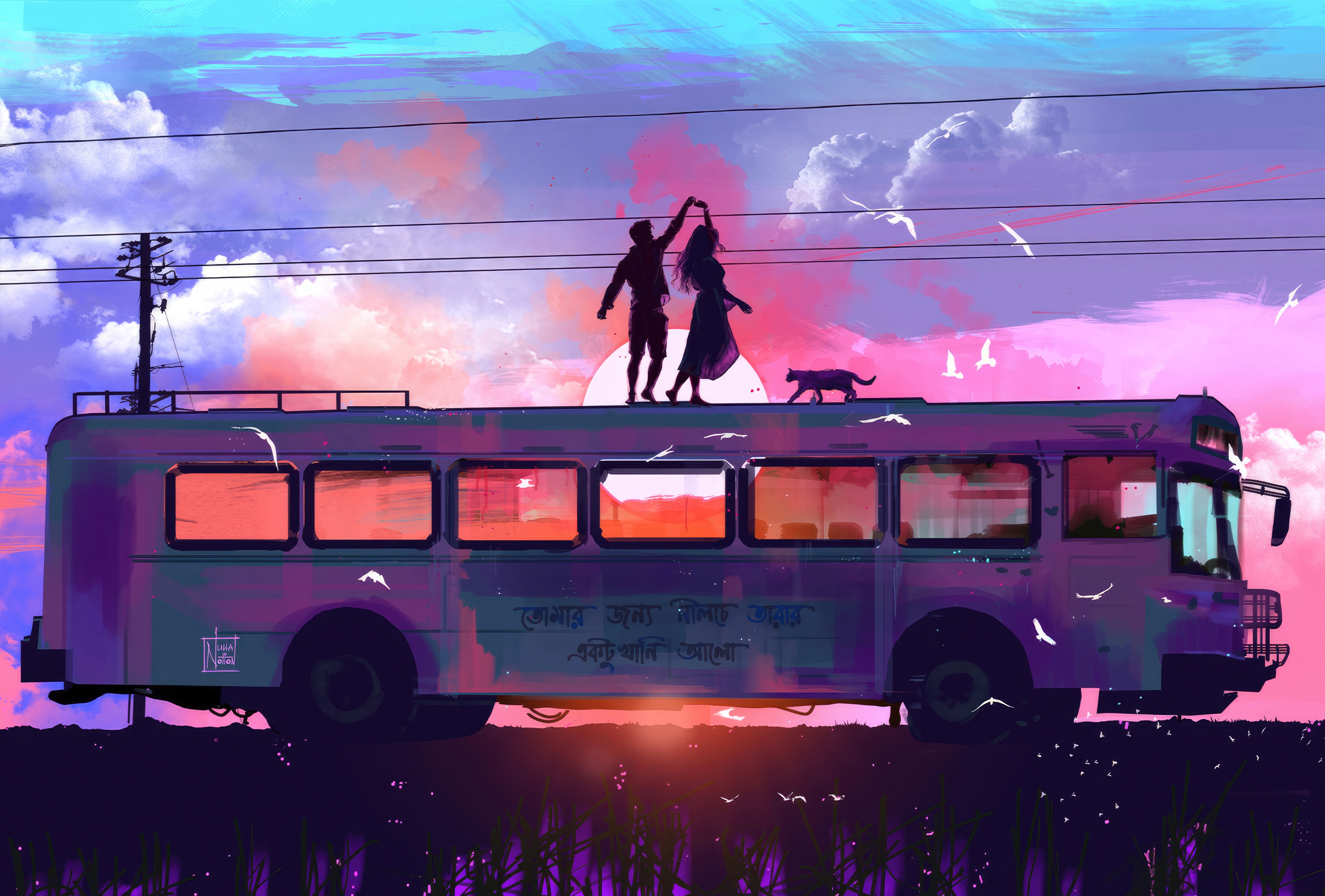 Couple dancing on a bus at sunset HD Wallpaper