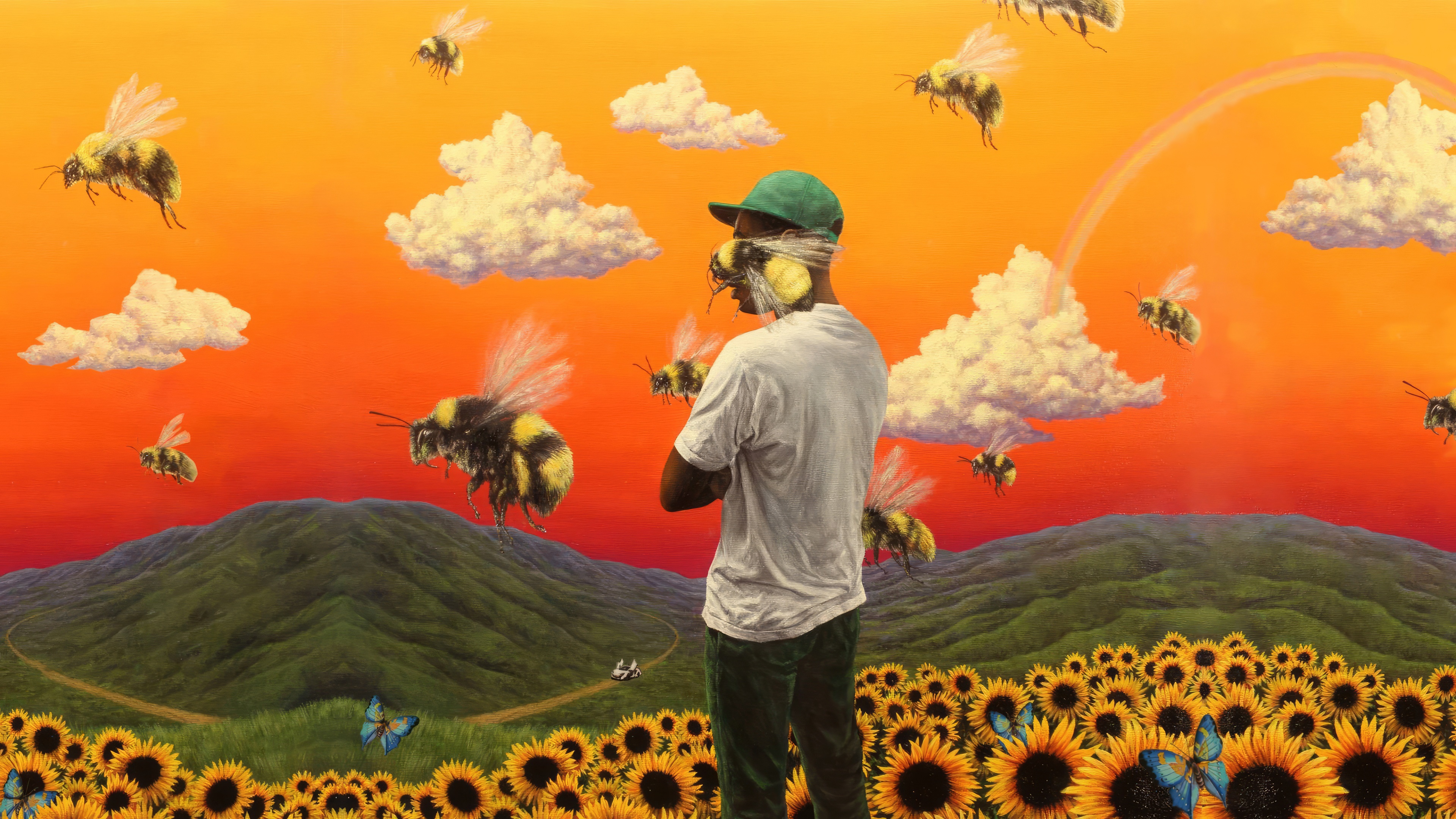 Tyler, The Creator surrounded by bees and sunflowers HD Wallpaper