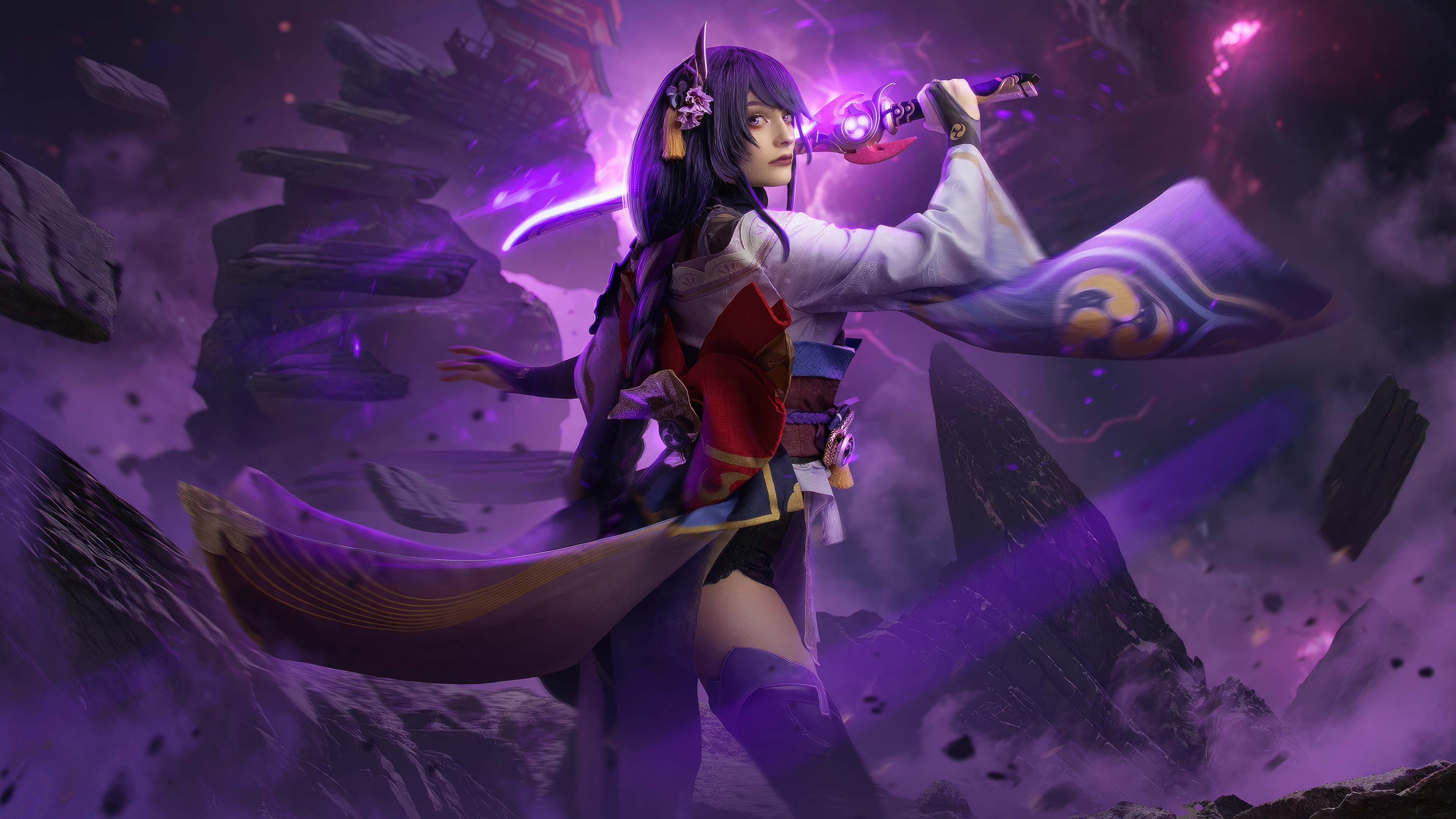 Raiden Shogun Cosplay with Purple Energy and Floating Rocks HD Wallpaper