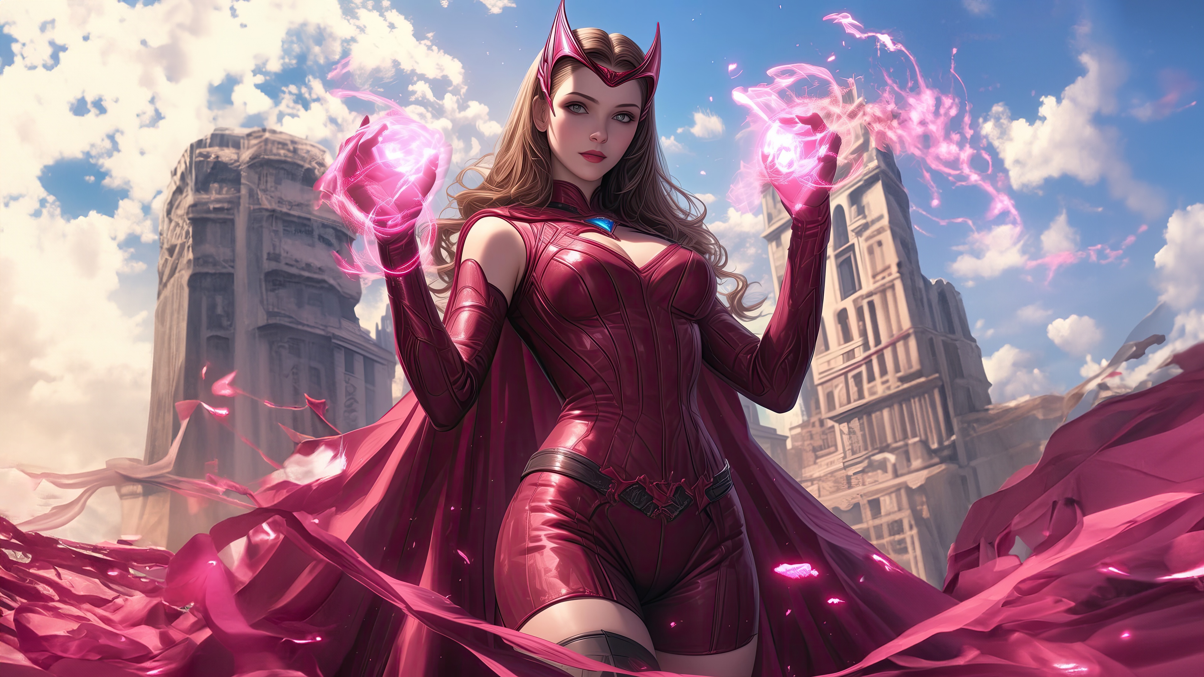 Scarlet Witch using magic with ruined buildings in background HD Wallpaper