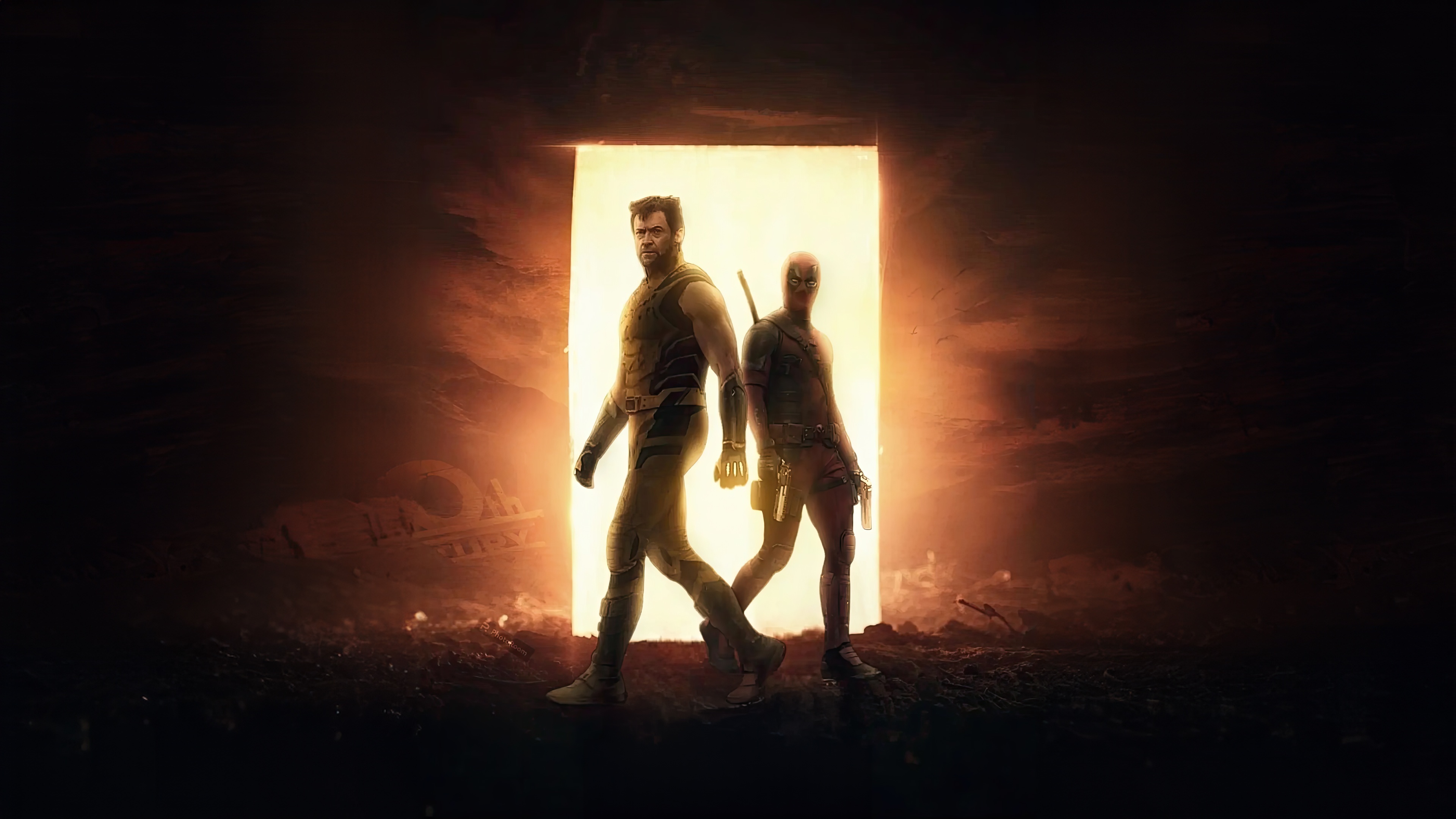 Deadpool and Wolverine walk through a glowing portal HD Wallpaper