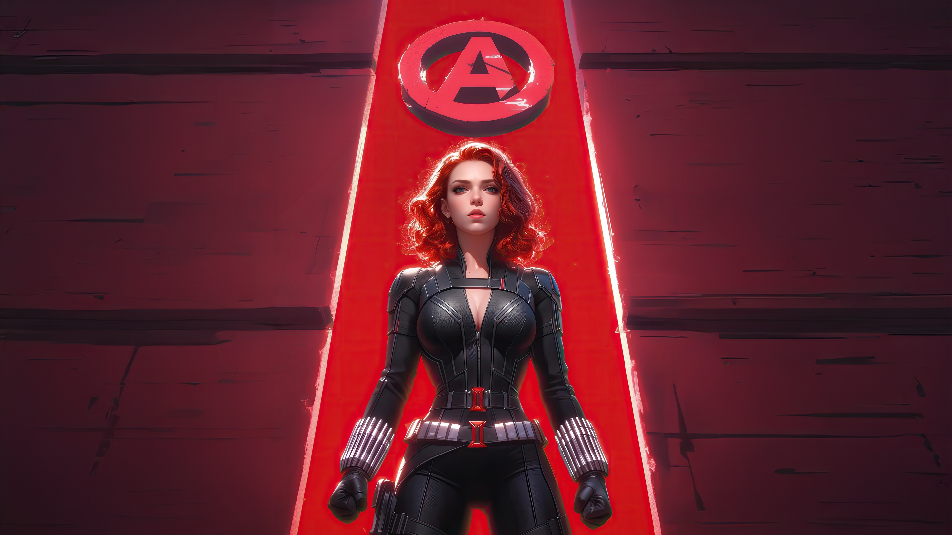 Black Widow stands before the Avengers logo HD Wallpaper