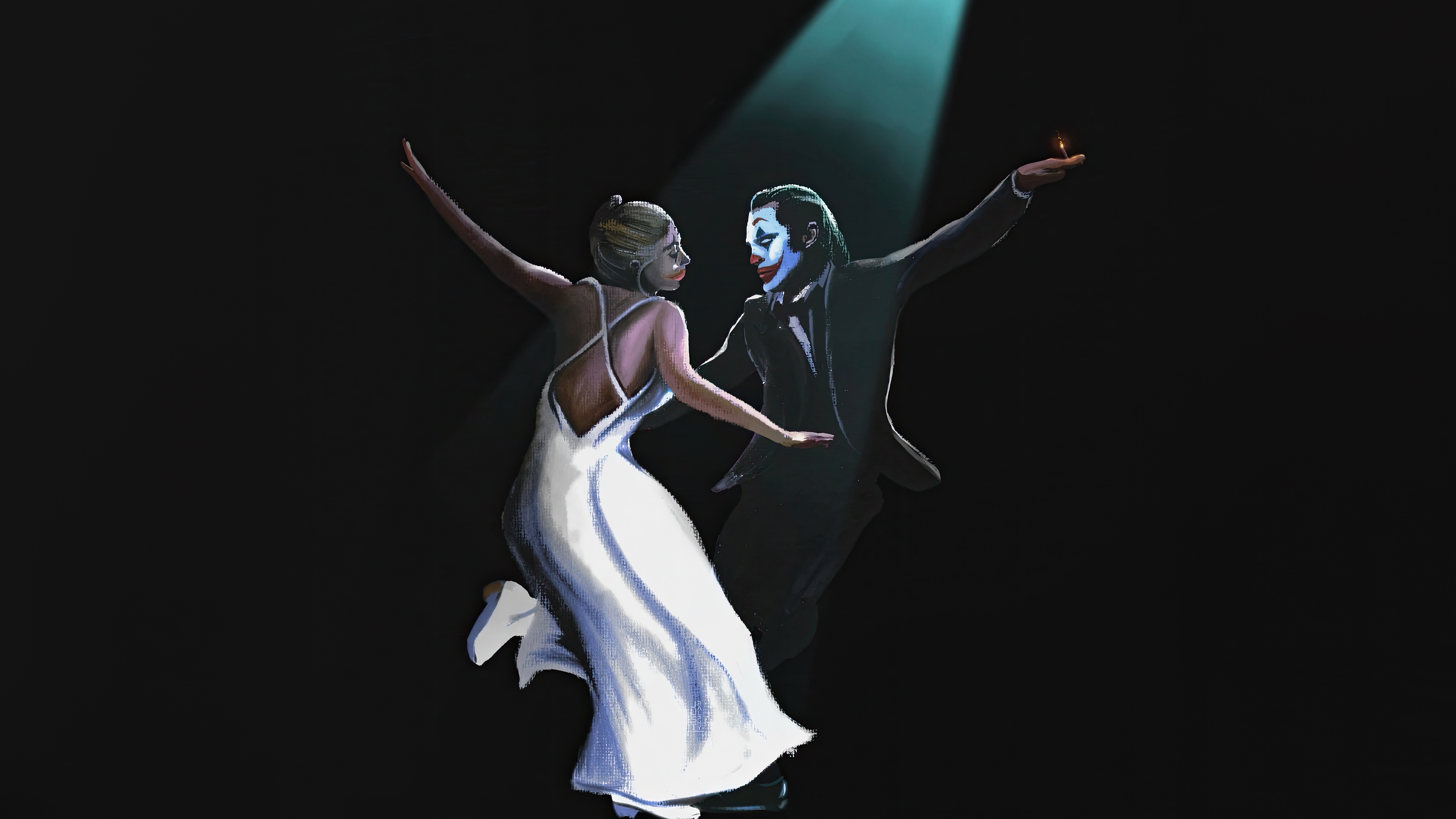 Joker and Harley Quinn dancing under a spotlight HD Wallpaper