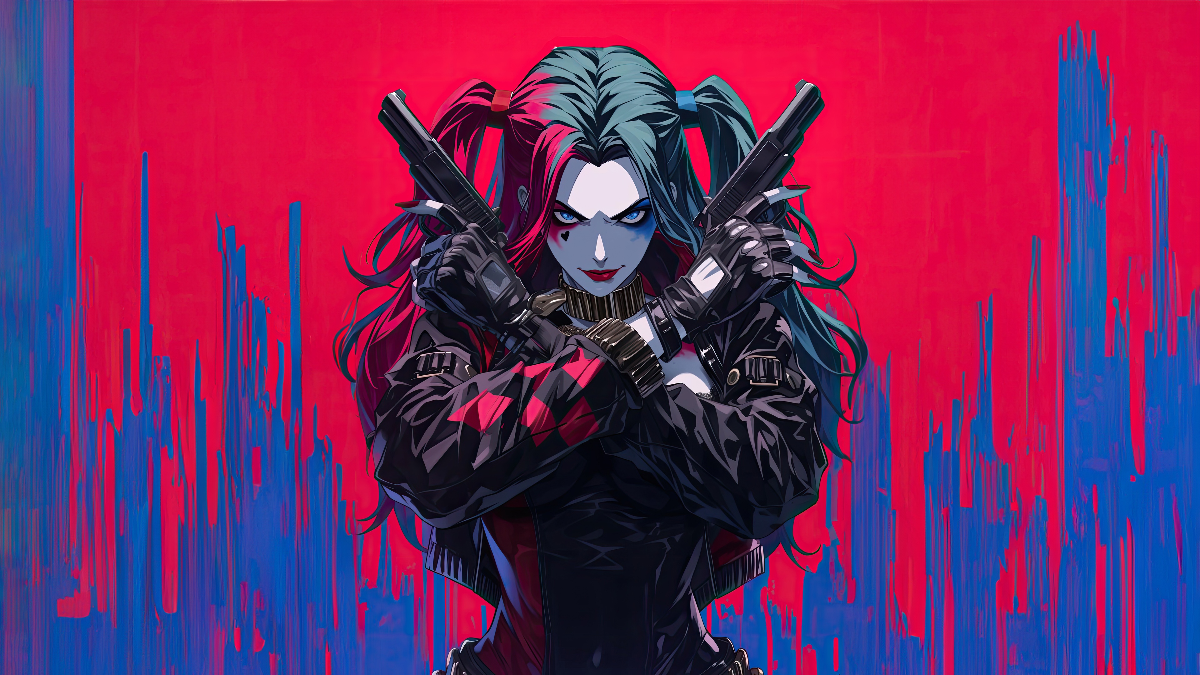 Harley Quinn with Guns on Red and Blue Background HD Wallpaper