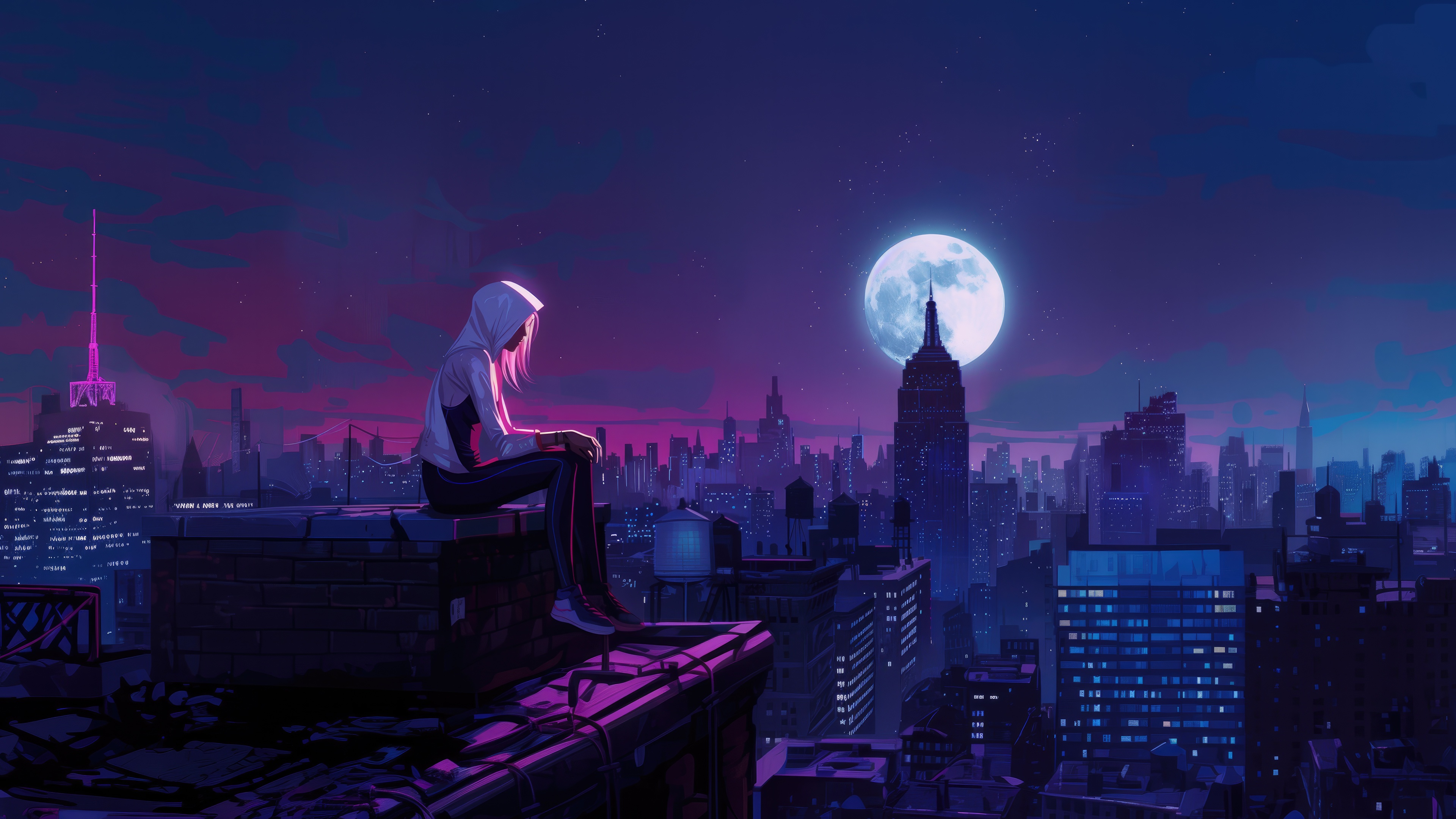 Gwen Stacy on a Rooftop Overlooking a City at Night HD Wallpaper