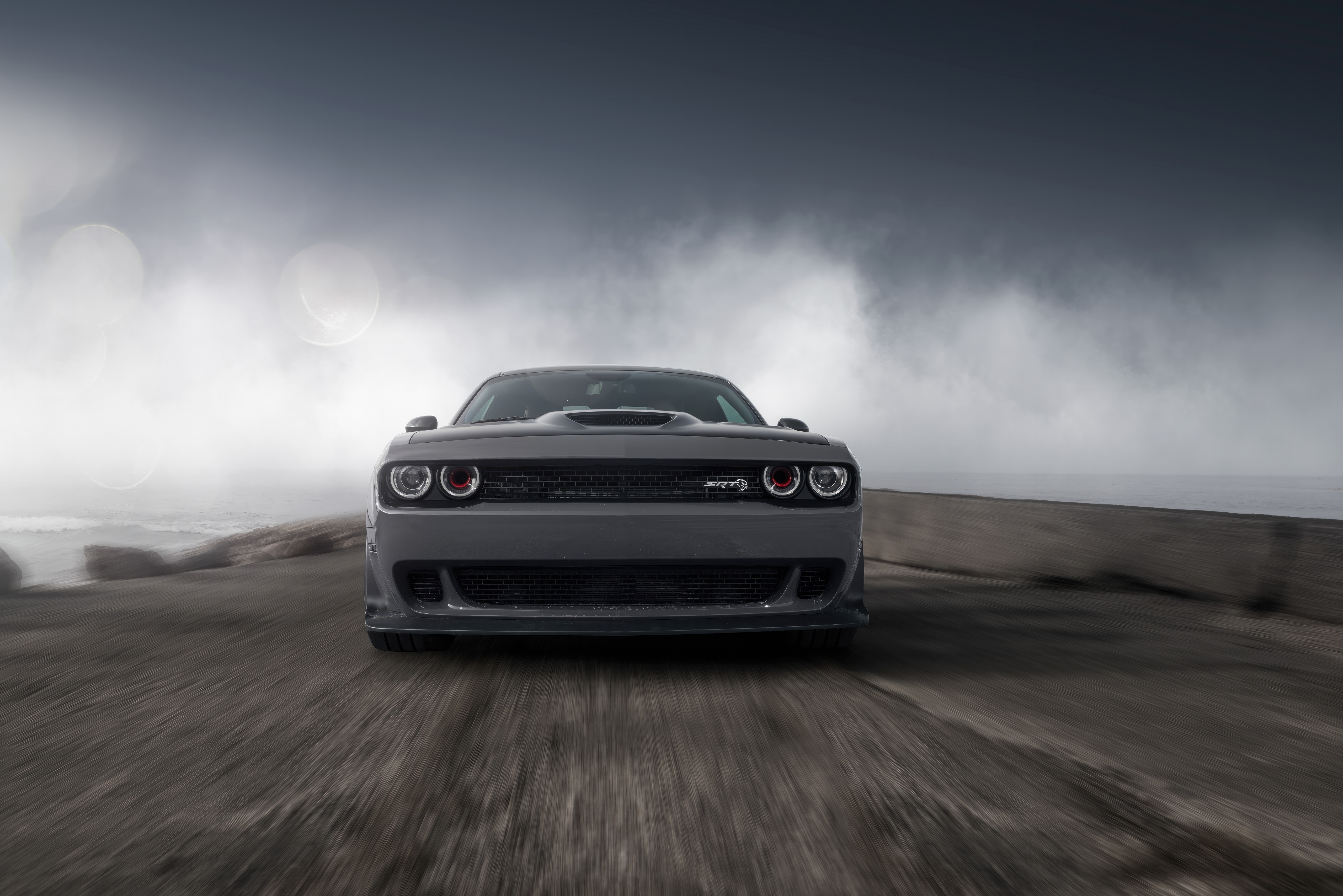 Dodge Challenger SRT Hellcat on a foggy road HD Wallpaper
