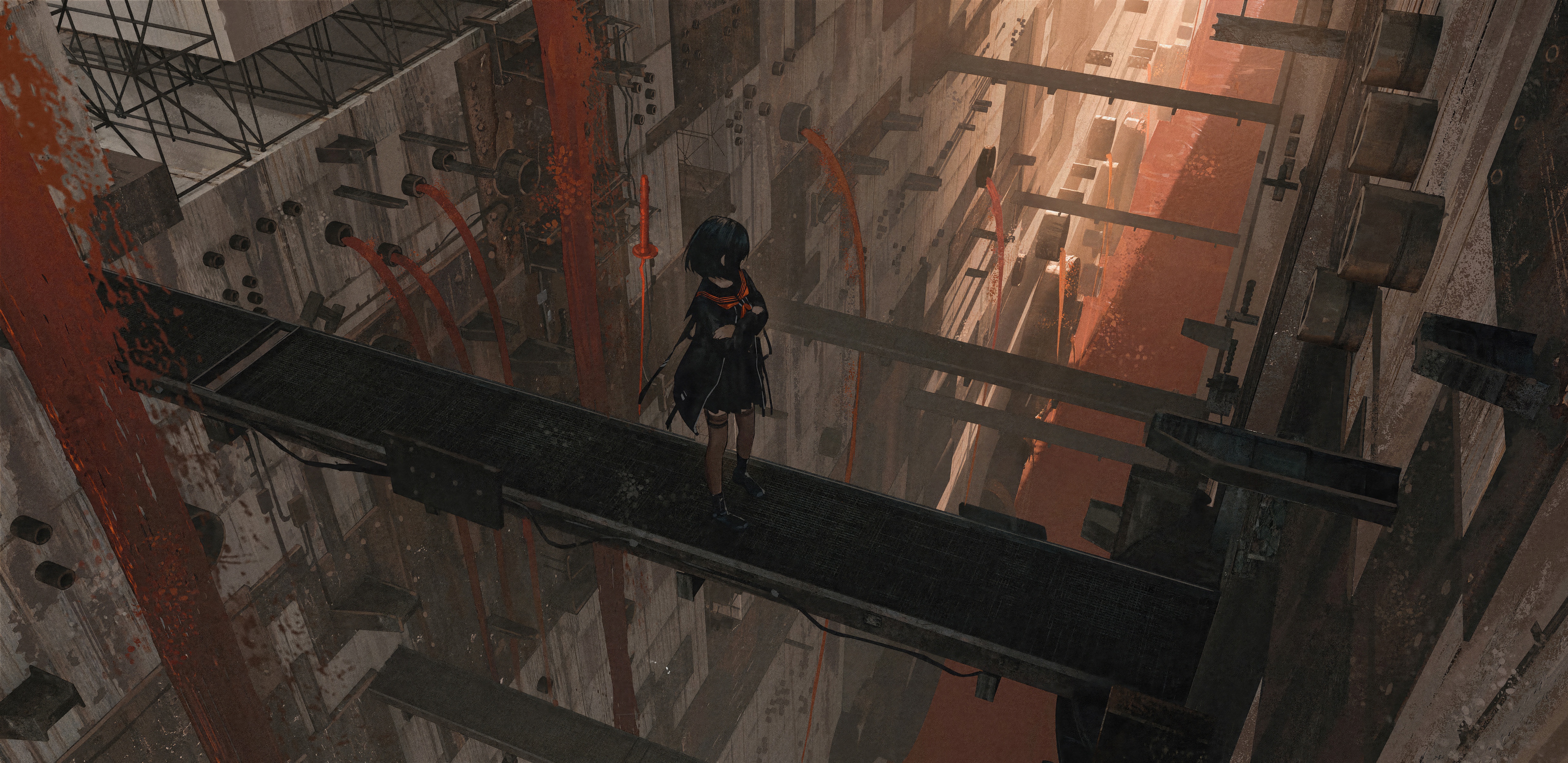 Girl on a walkway in a bloody industrial setting HD Wallpaper