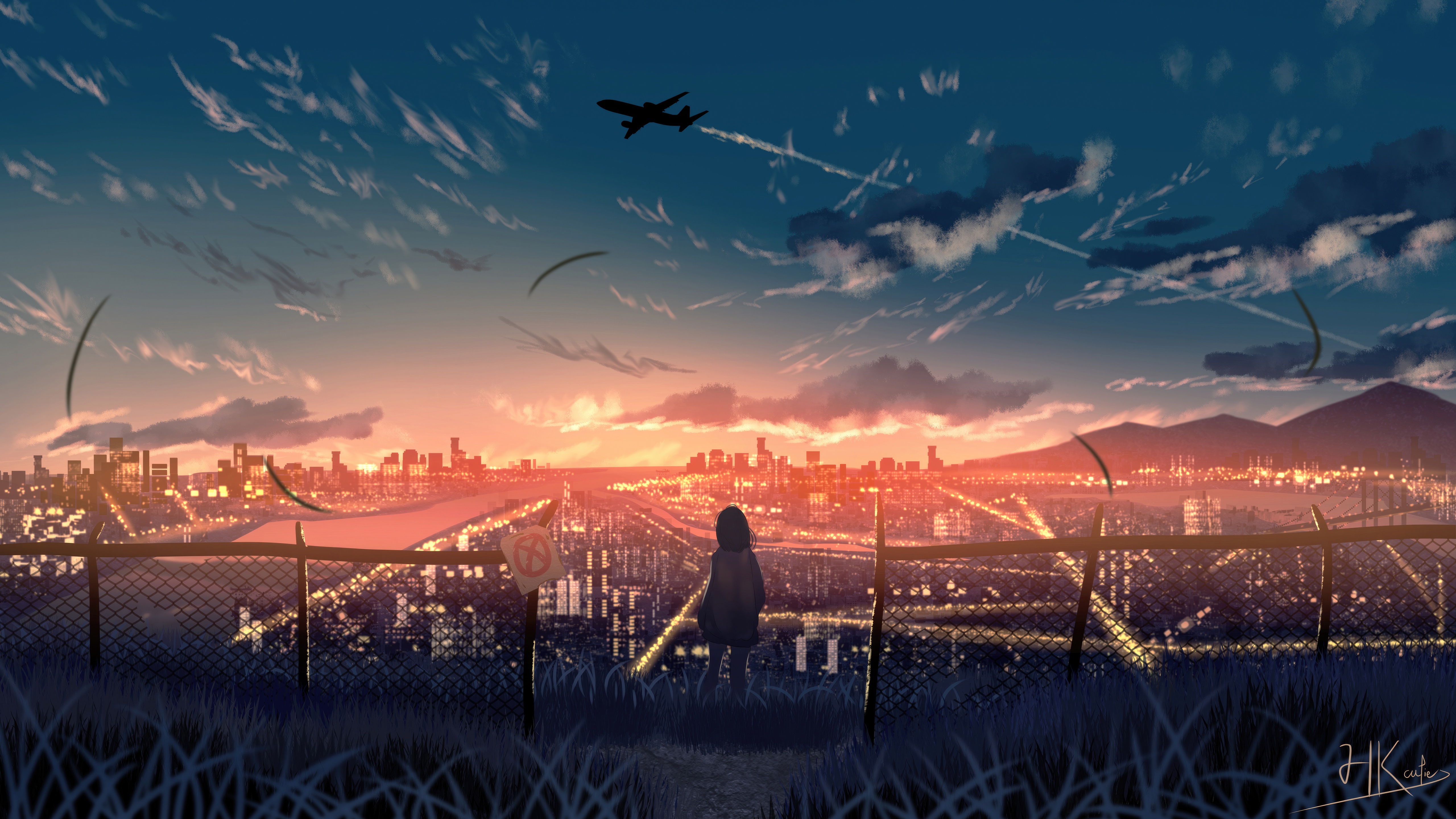 Anime Girl Watching Cityscape at Sunset HD Wallpaper