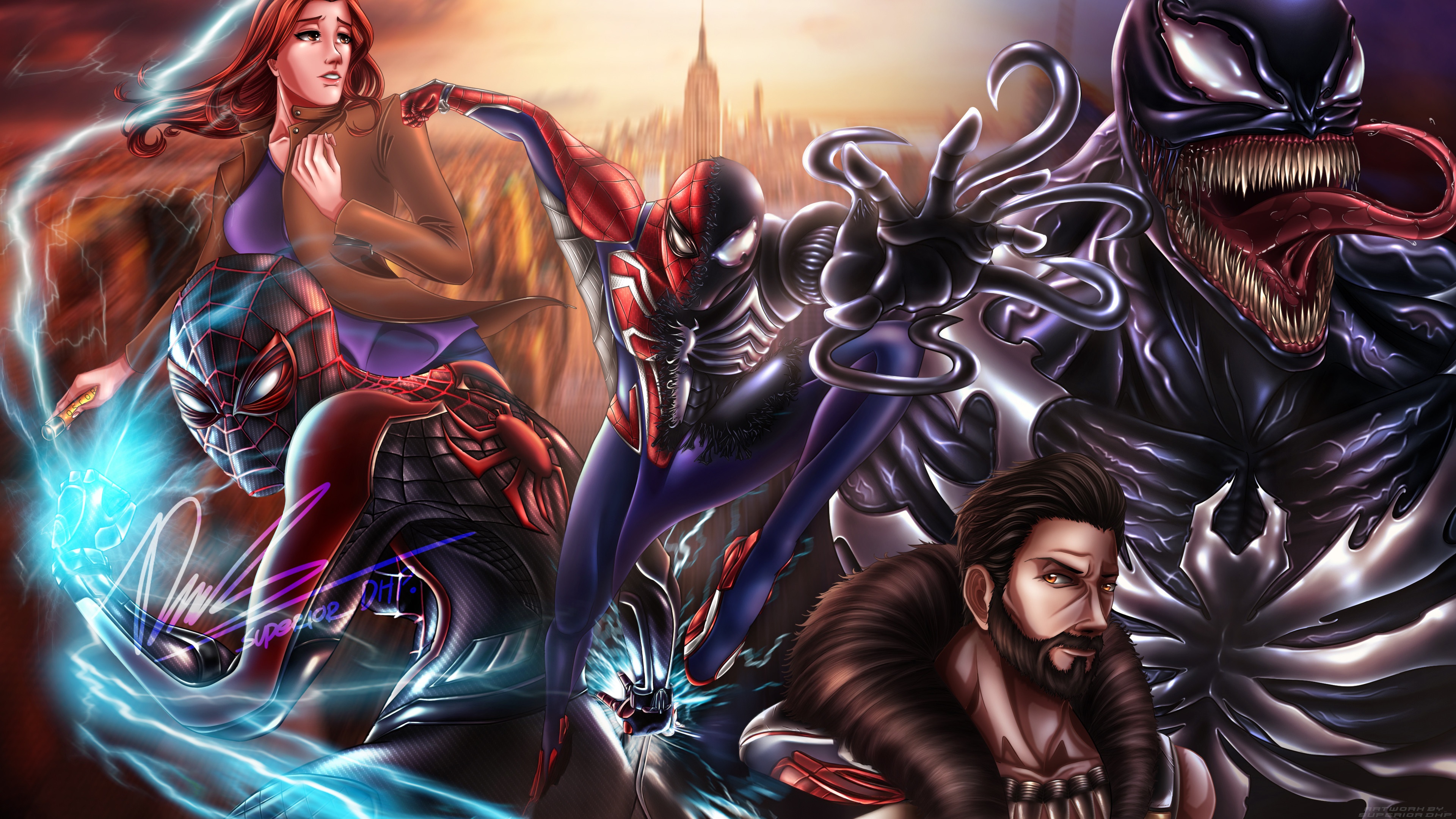 Spider-Man, Venom, and Mary Jane Watson in New York City HD Wallpaper