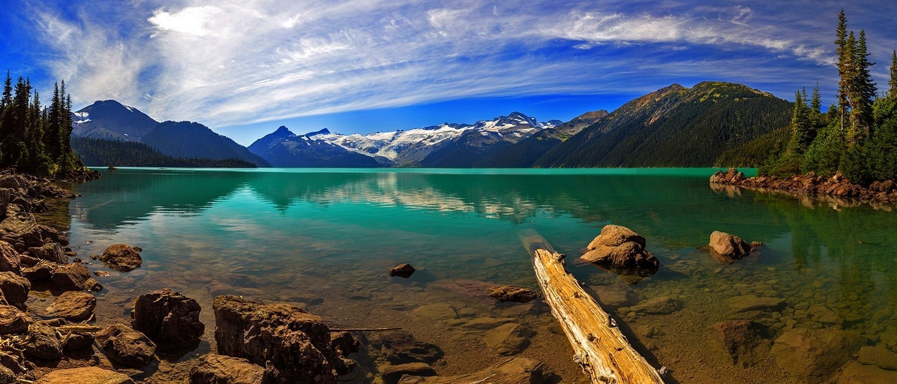 Turquoise lake with snowy mountains and forest in British Columbia, Canada HD Wallpaper