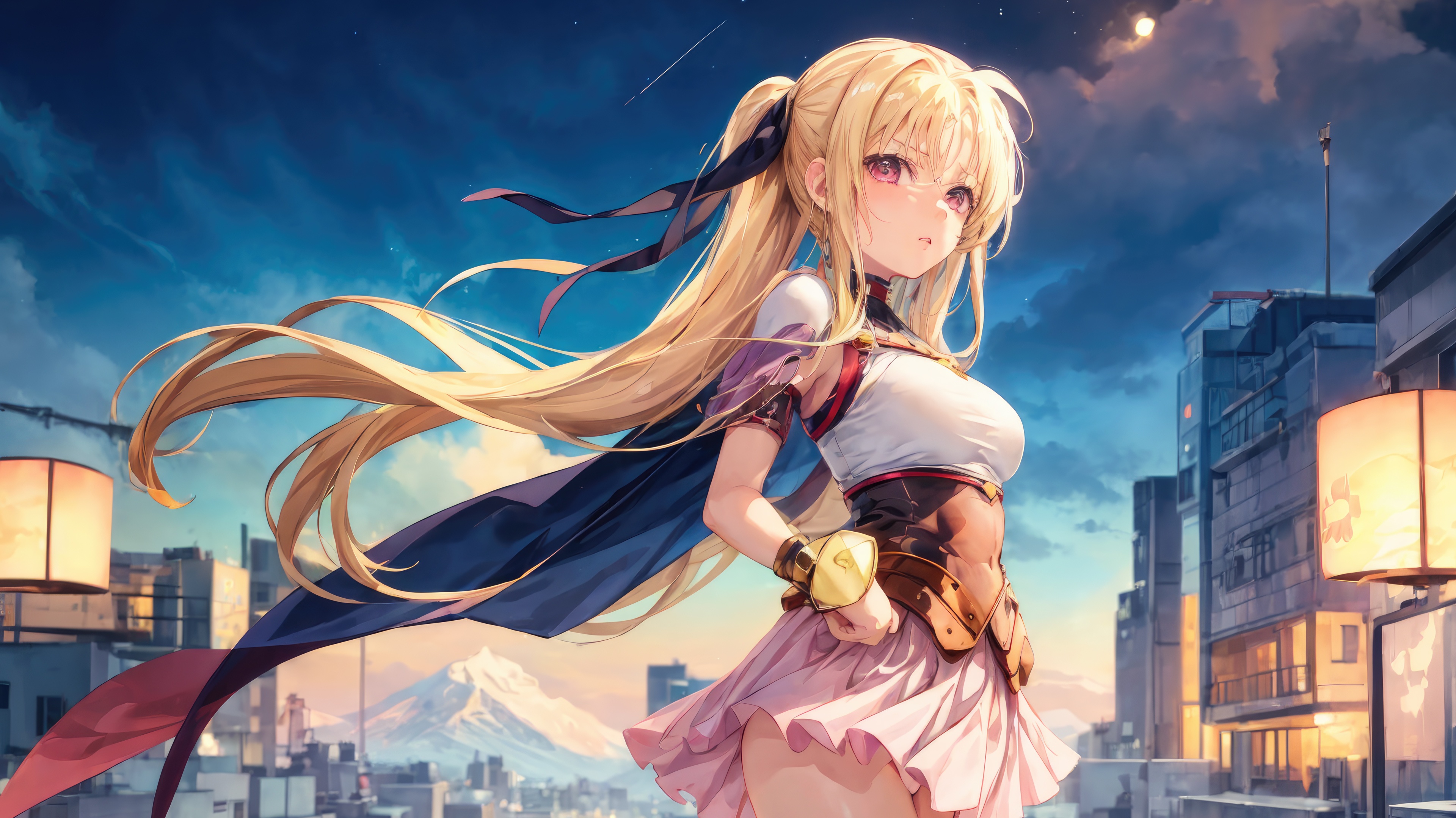 Anime Girl with Long Blonde Hair in Cityscape HD Wallpaper