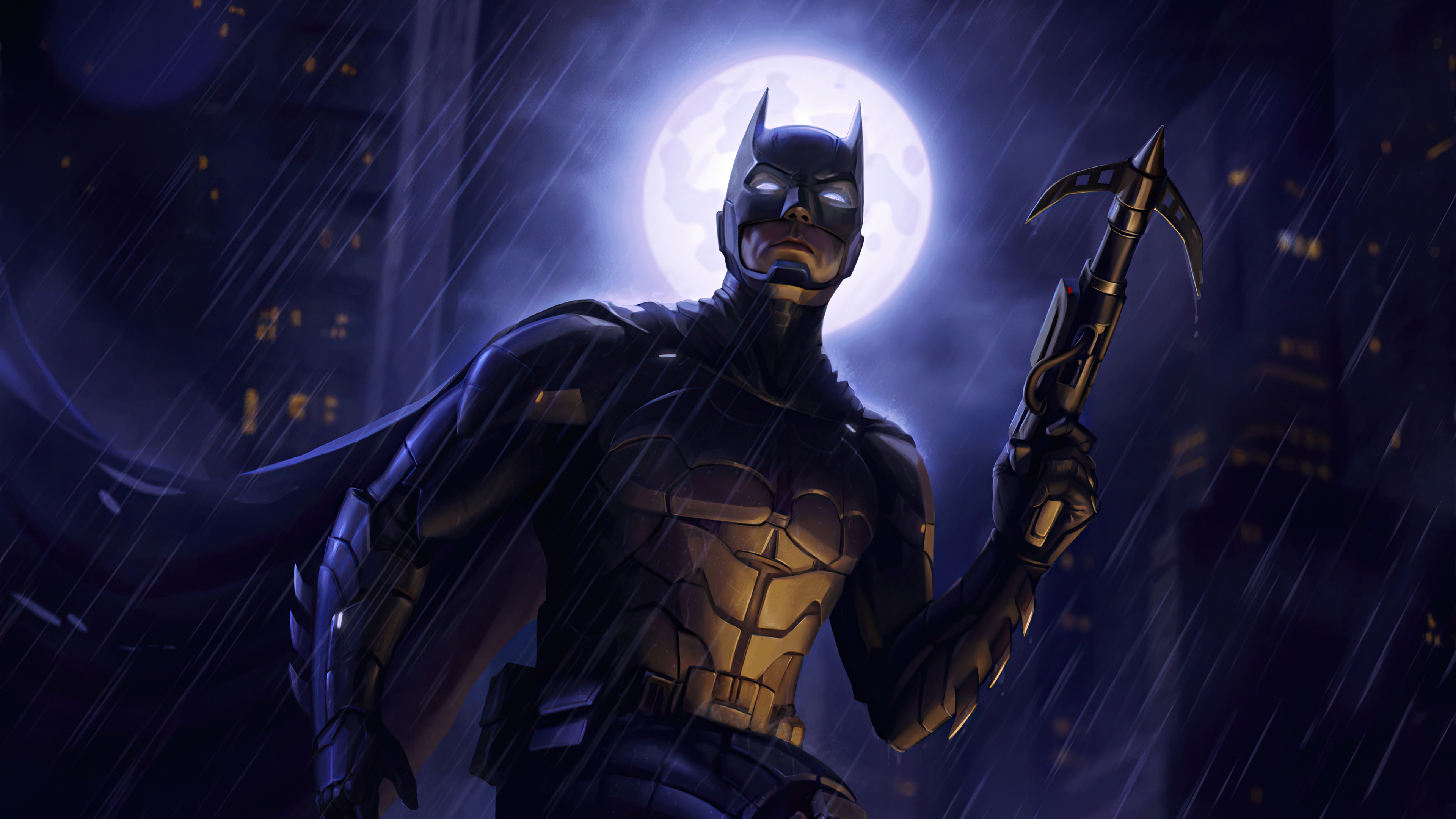 Batman holding a grappling gun in the rain HD Wallpaper