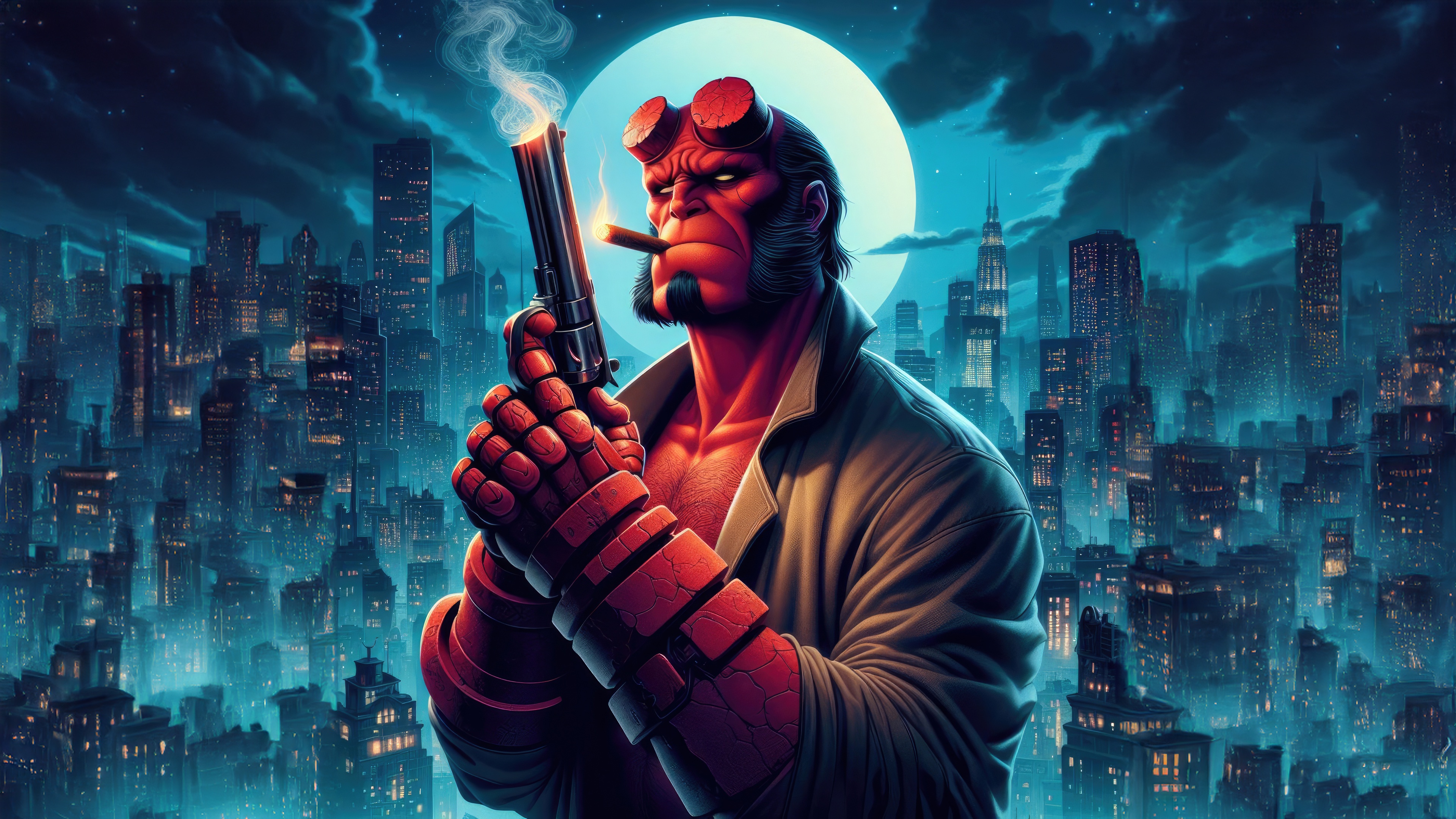 Hellboy with Gun in City at Night HD Wallpaper
