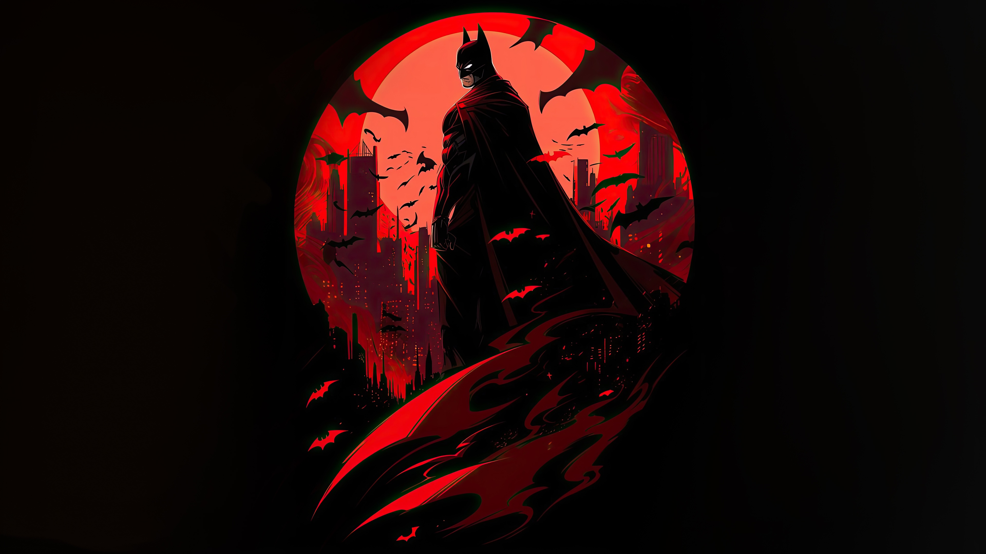 Batman Standing in a Red Moonlit Cityscape with Bats HD Wallpaper