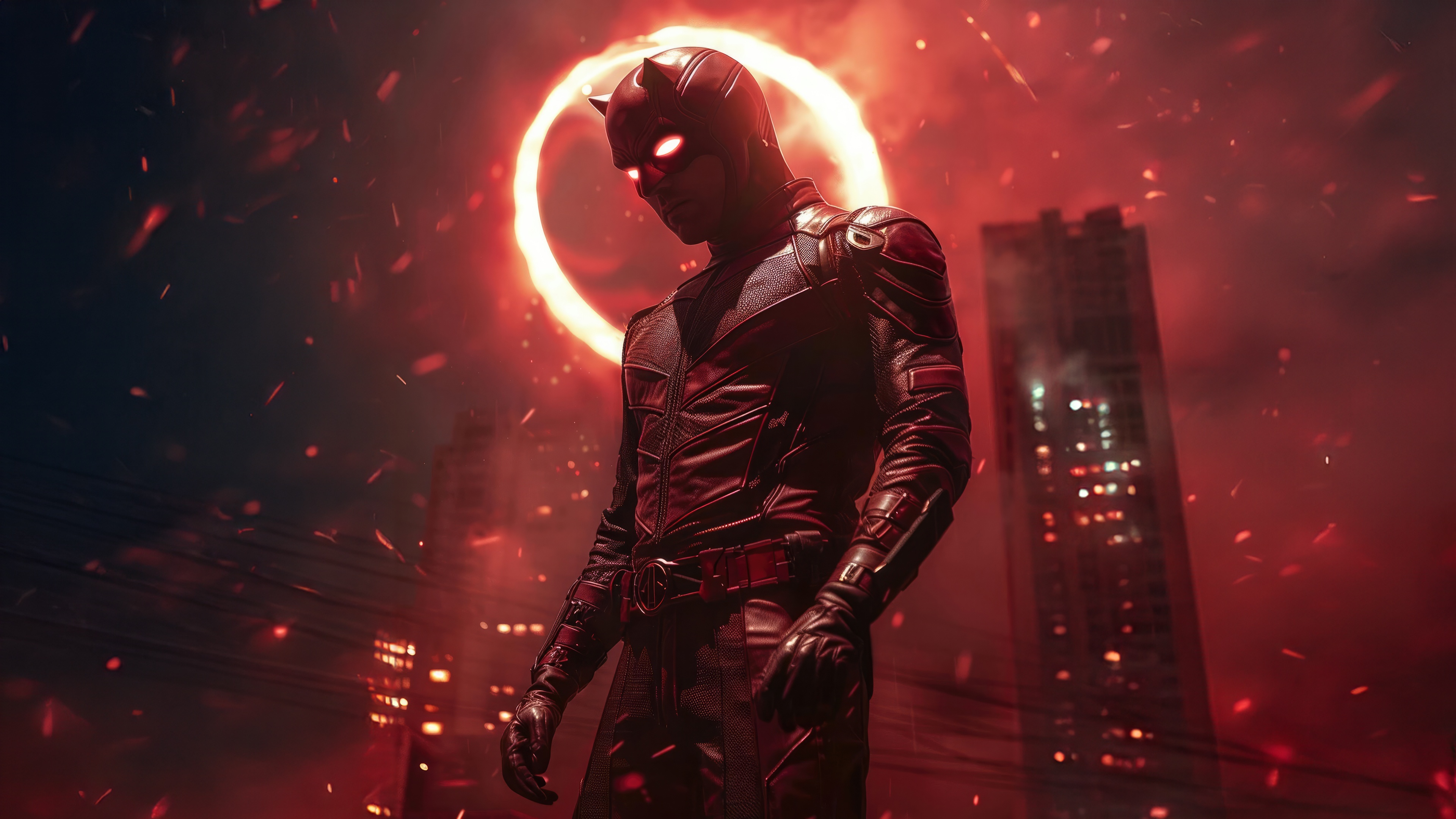 Daredevil in a red suit with a glowing halo HD Wallpaper