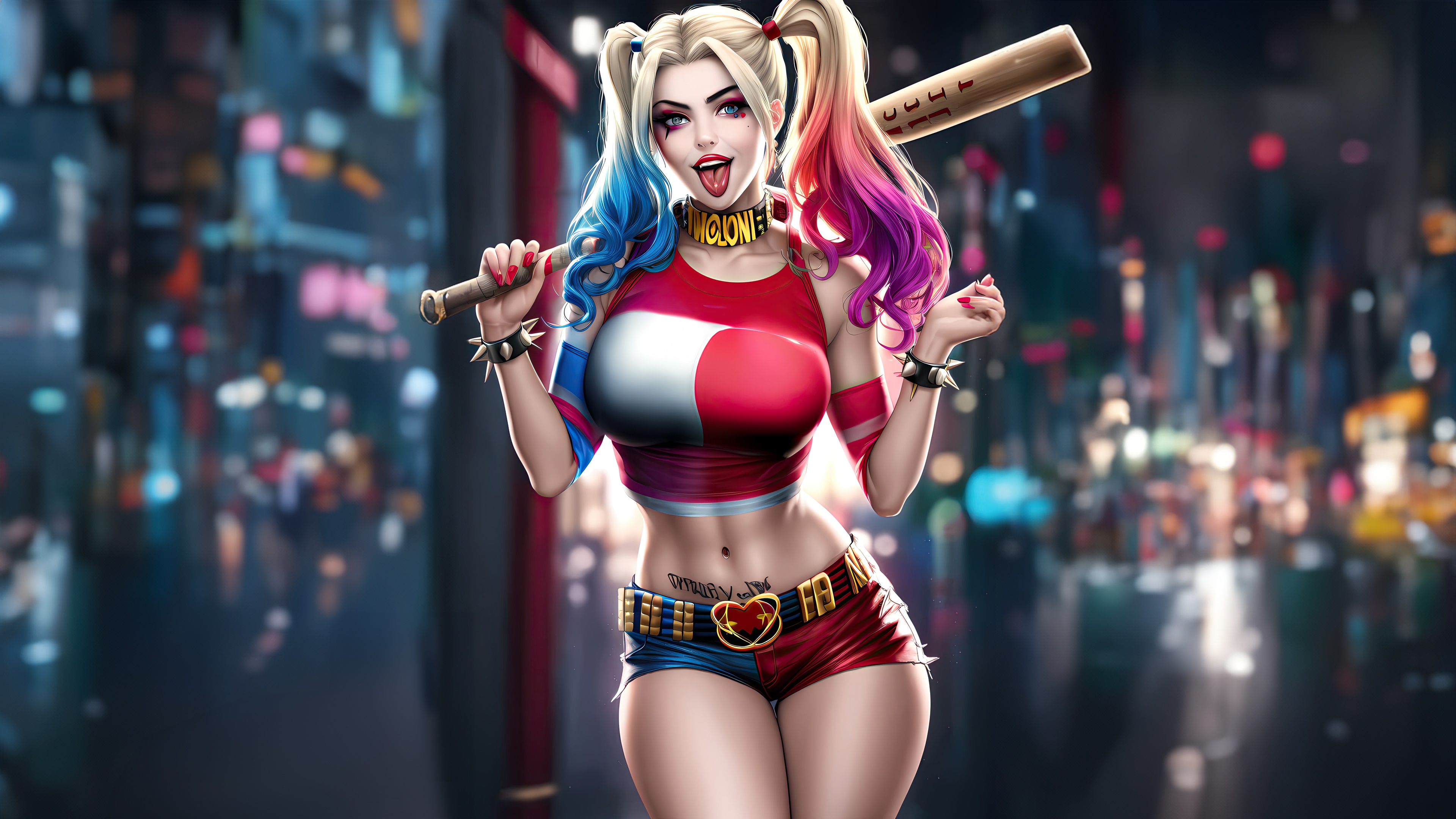 Harley Quinn with Baseball Bat in City HD Wallpaper