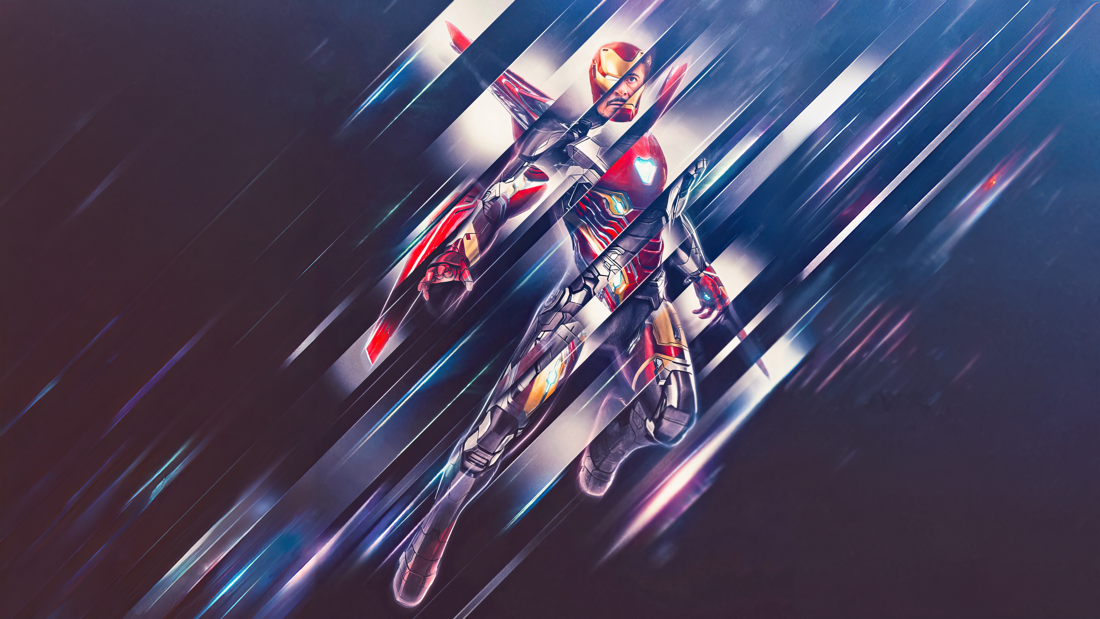 Iron Man in a dynamic, fragmented pose HD Wallpaper