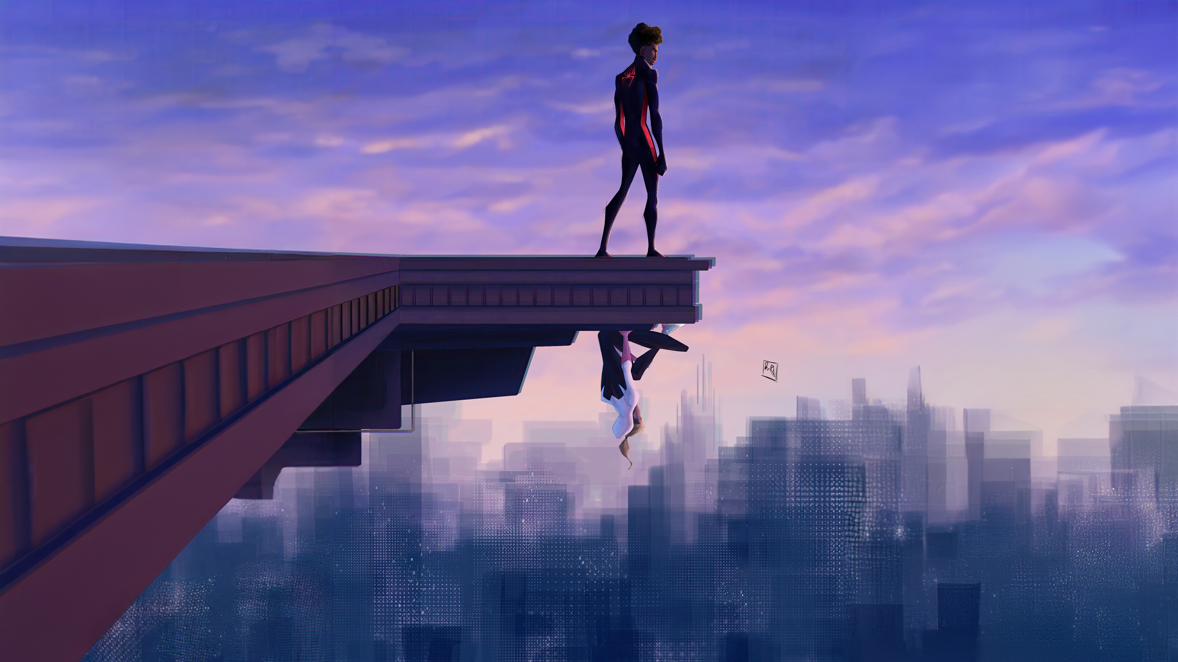Miles and Gwen on a rooftop overlooking a city HD Wallpaper