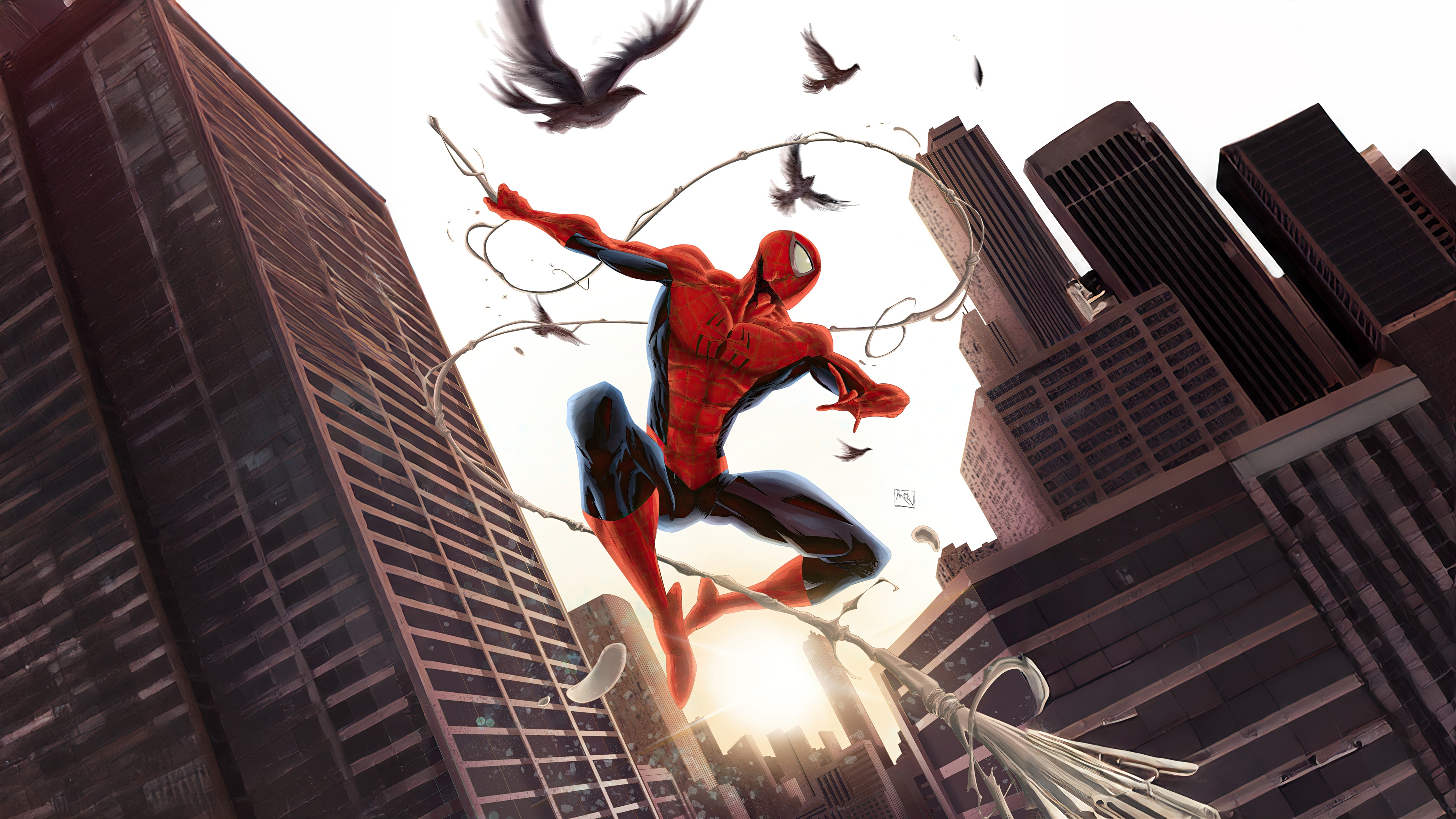 Spider-Man swinging through a city with birds HD Wallpaper