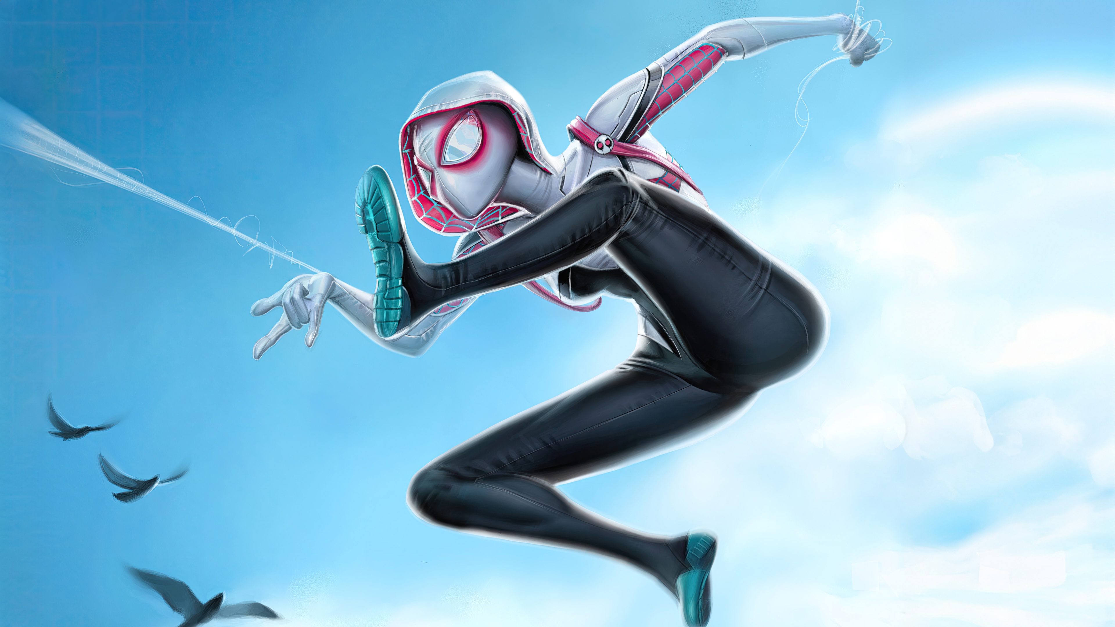 Spider-Gwen shooting webs in the sky HD Wallpaper