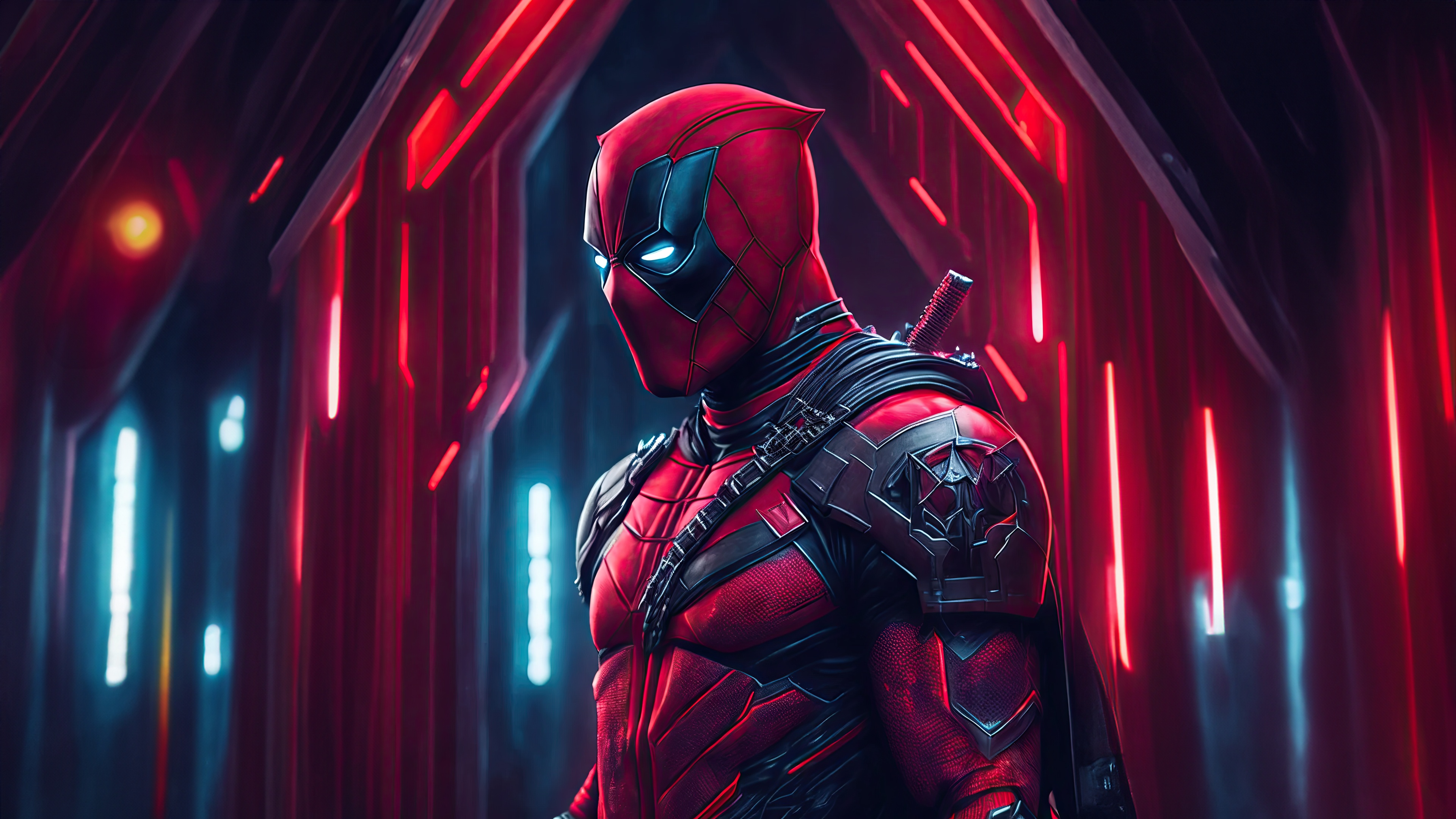 Deadpool in a futuristic red and blue environment HD Wallpaper