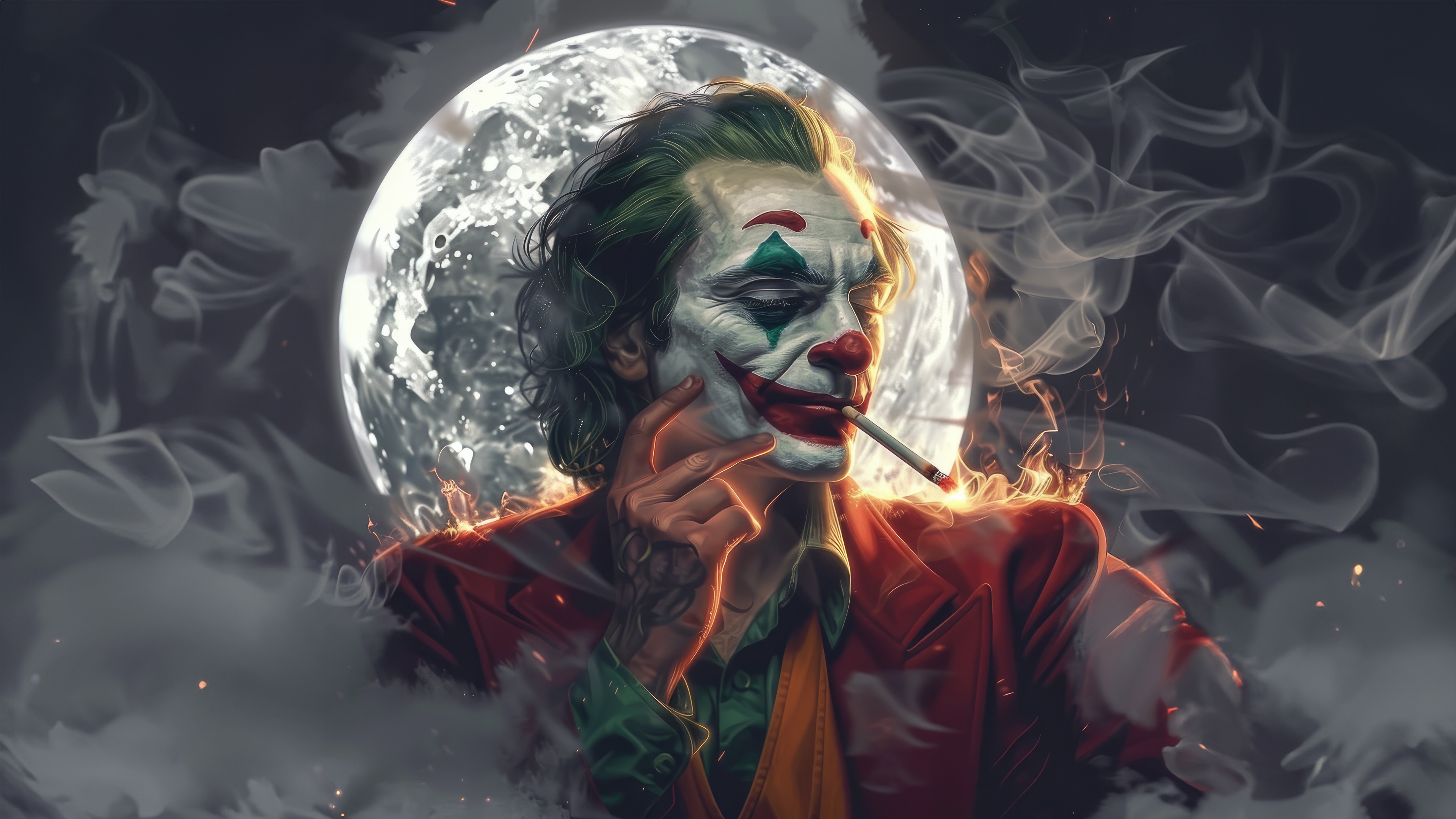 Joker smoking a cigarette in front of the moon HD Wallpaper
