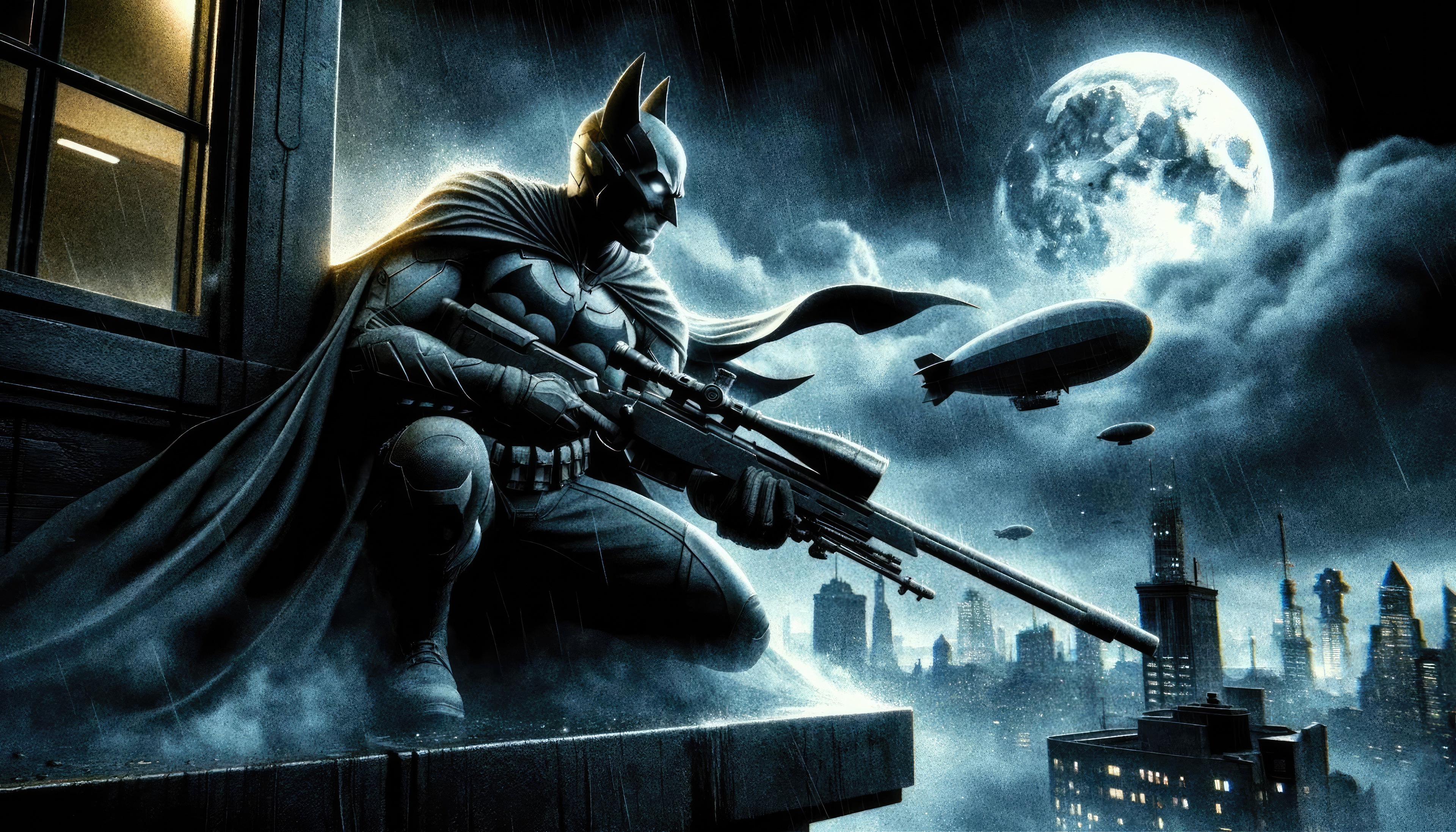 Batman with Sniper Rifle on Rooftop HD Wallpaper