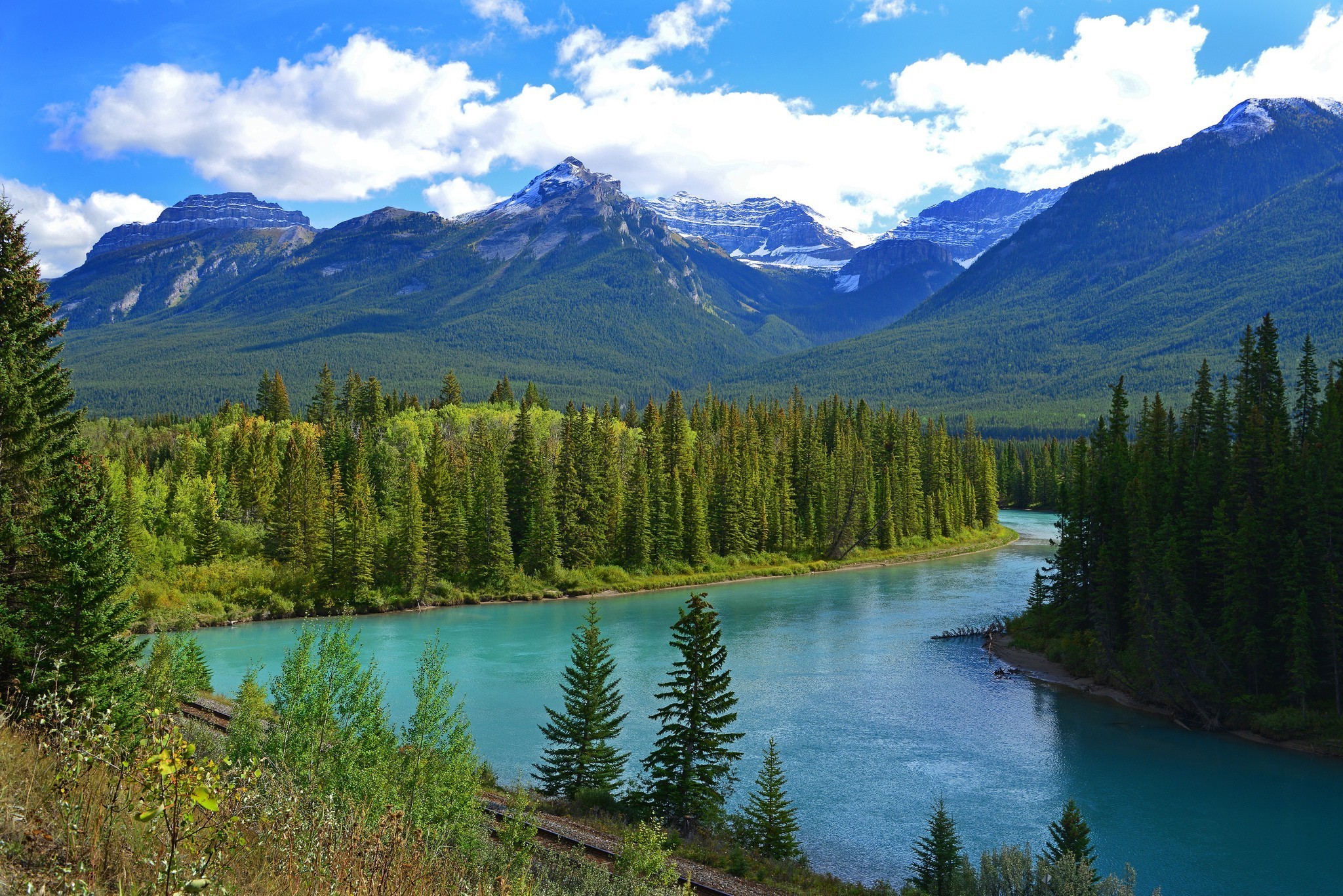 Serene River Flowing Through Pine Forest and Mountains HD Wallpaper