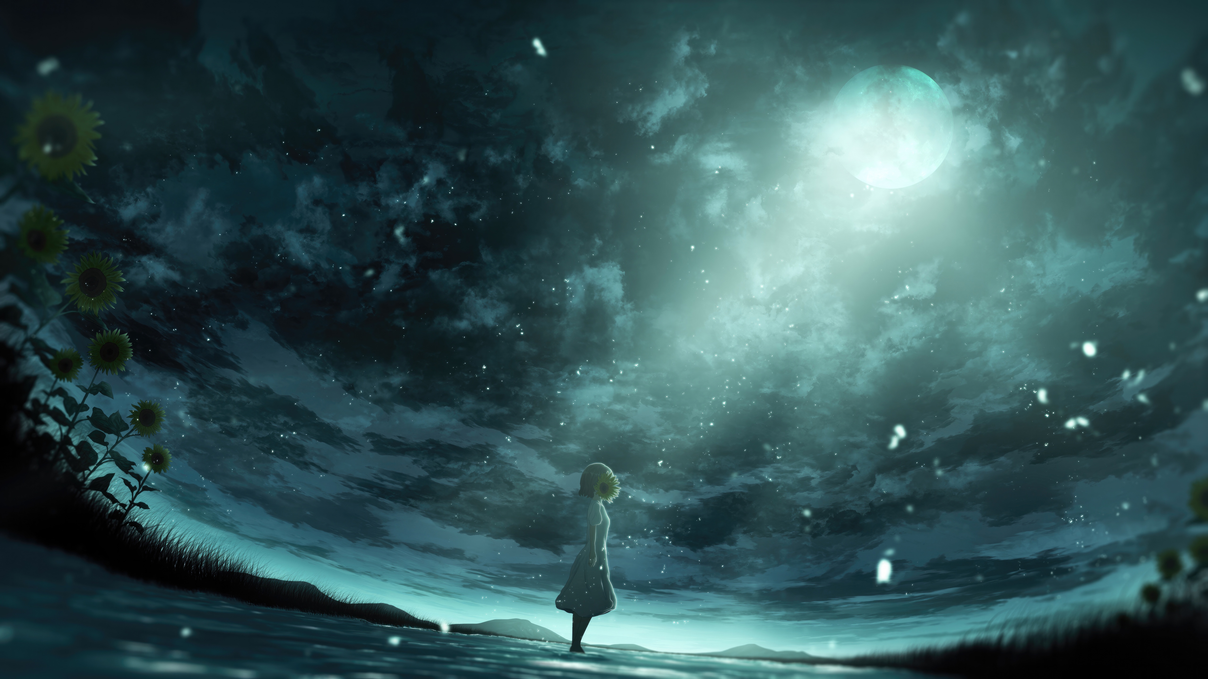 Girl standing under a full moon at night HD Wallpaper