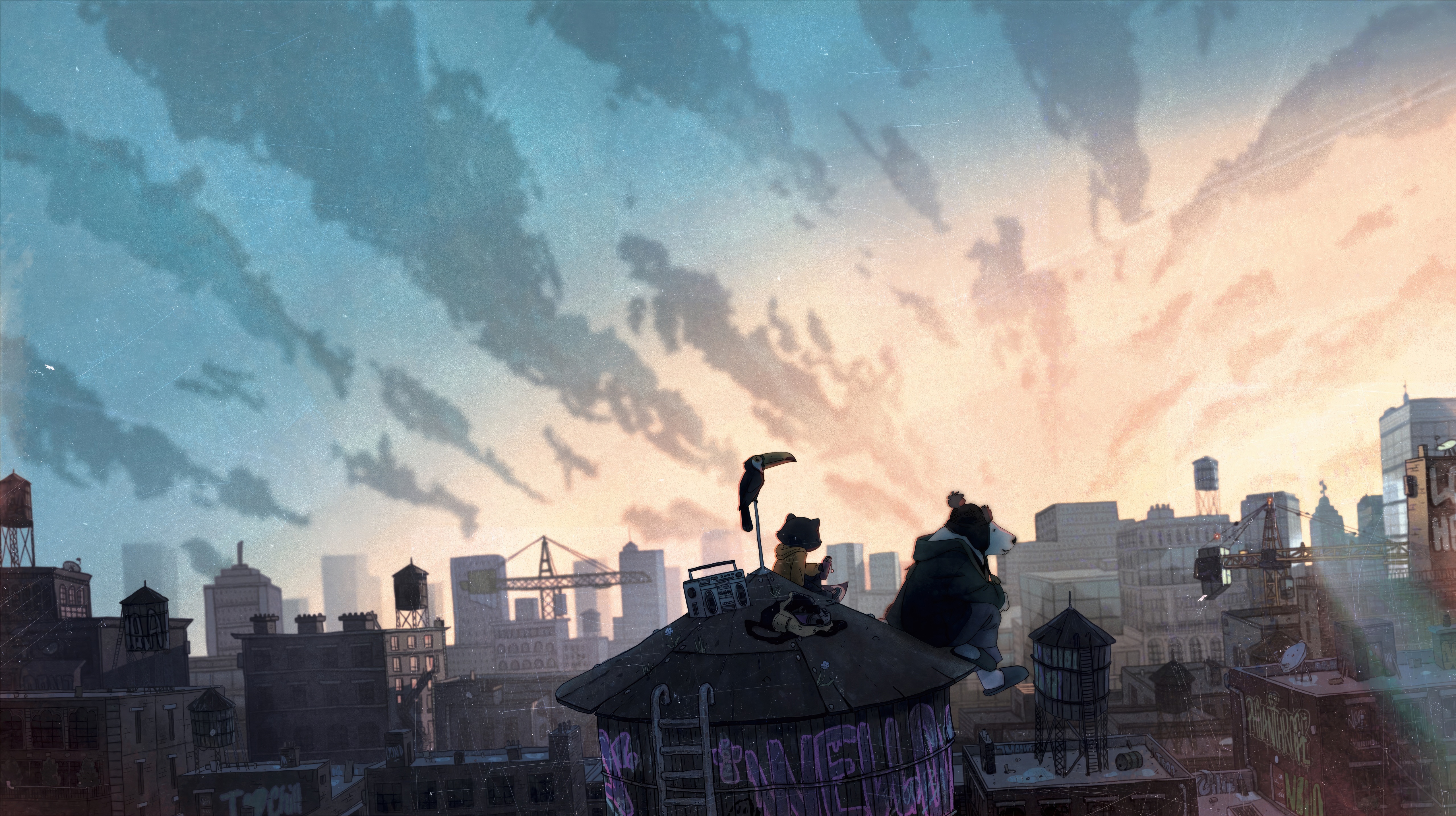 Toucan and Raccoons Chilling on Rooftop HD Wallpaper