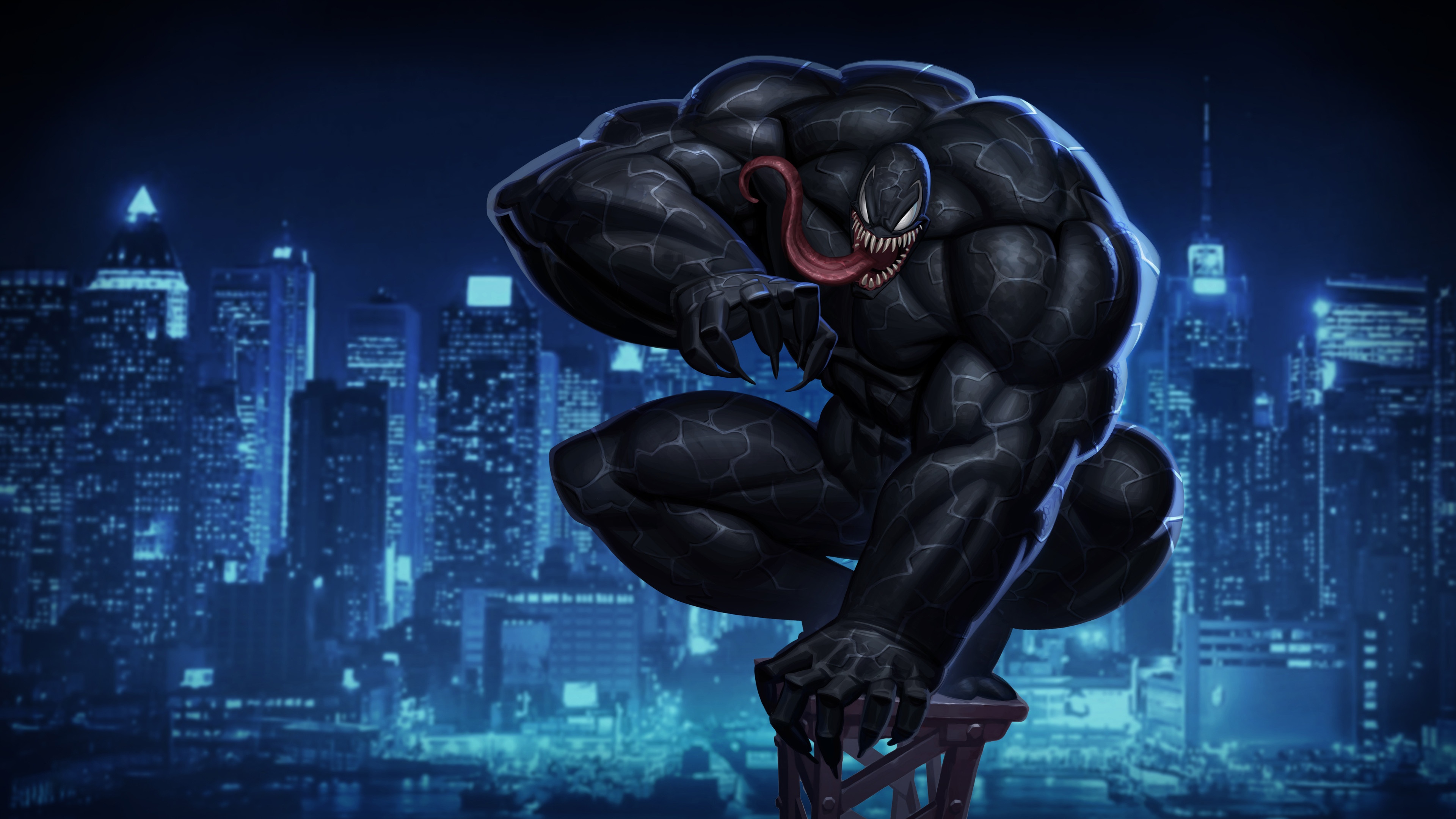Venom crouches on a platform overlooking a city at night HD Wallpaper