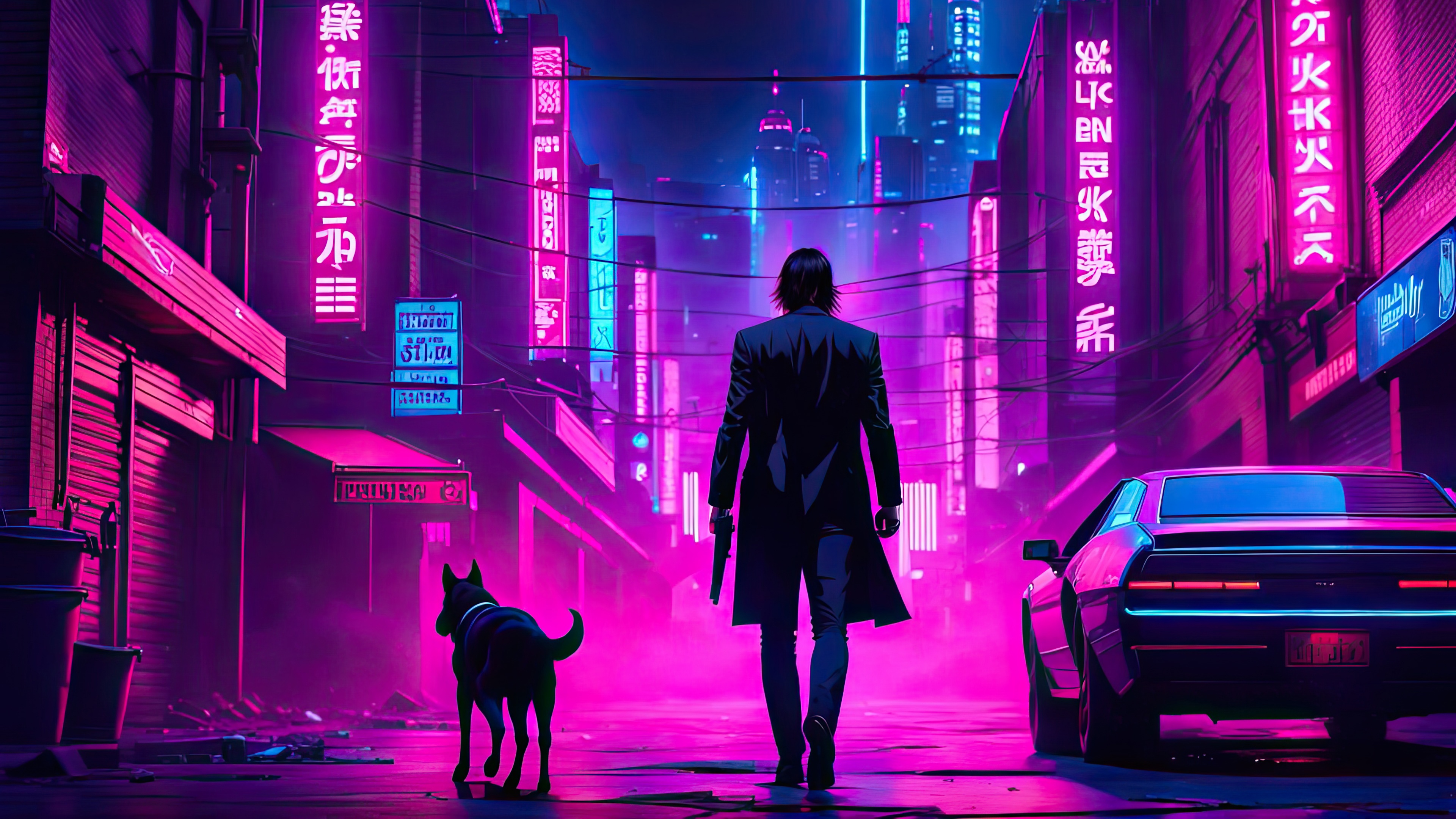 John Wick and his dog in a neon city HD Wallpaper