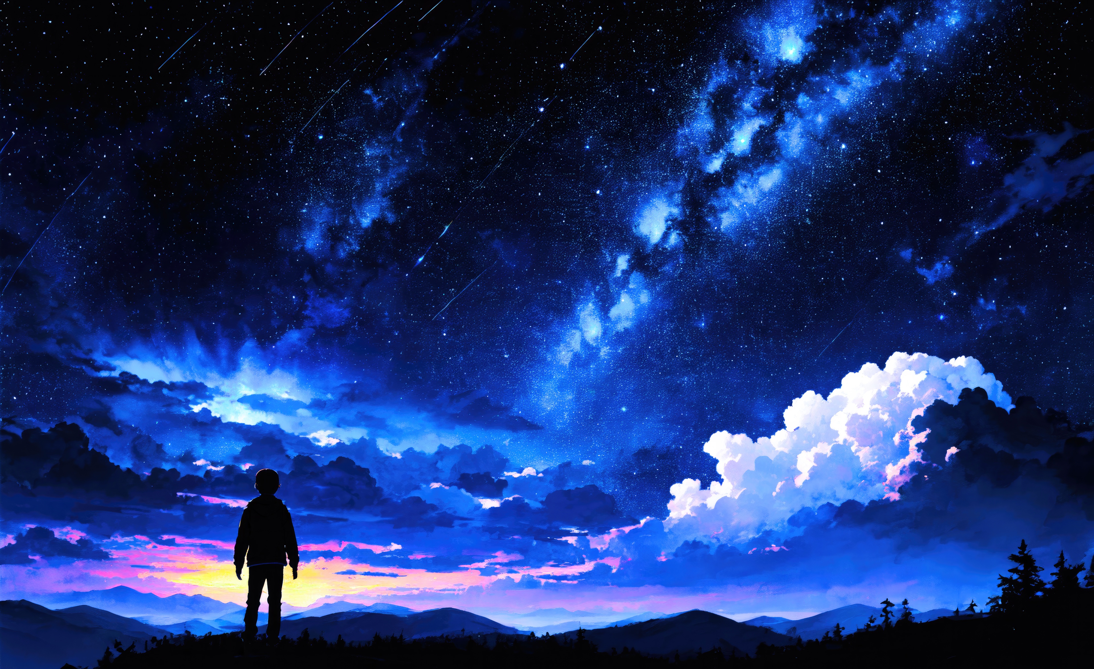 A lone figure gazes at a starry night sky HD Wallpaper