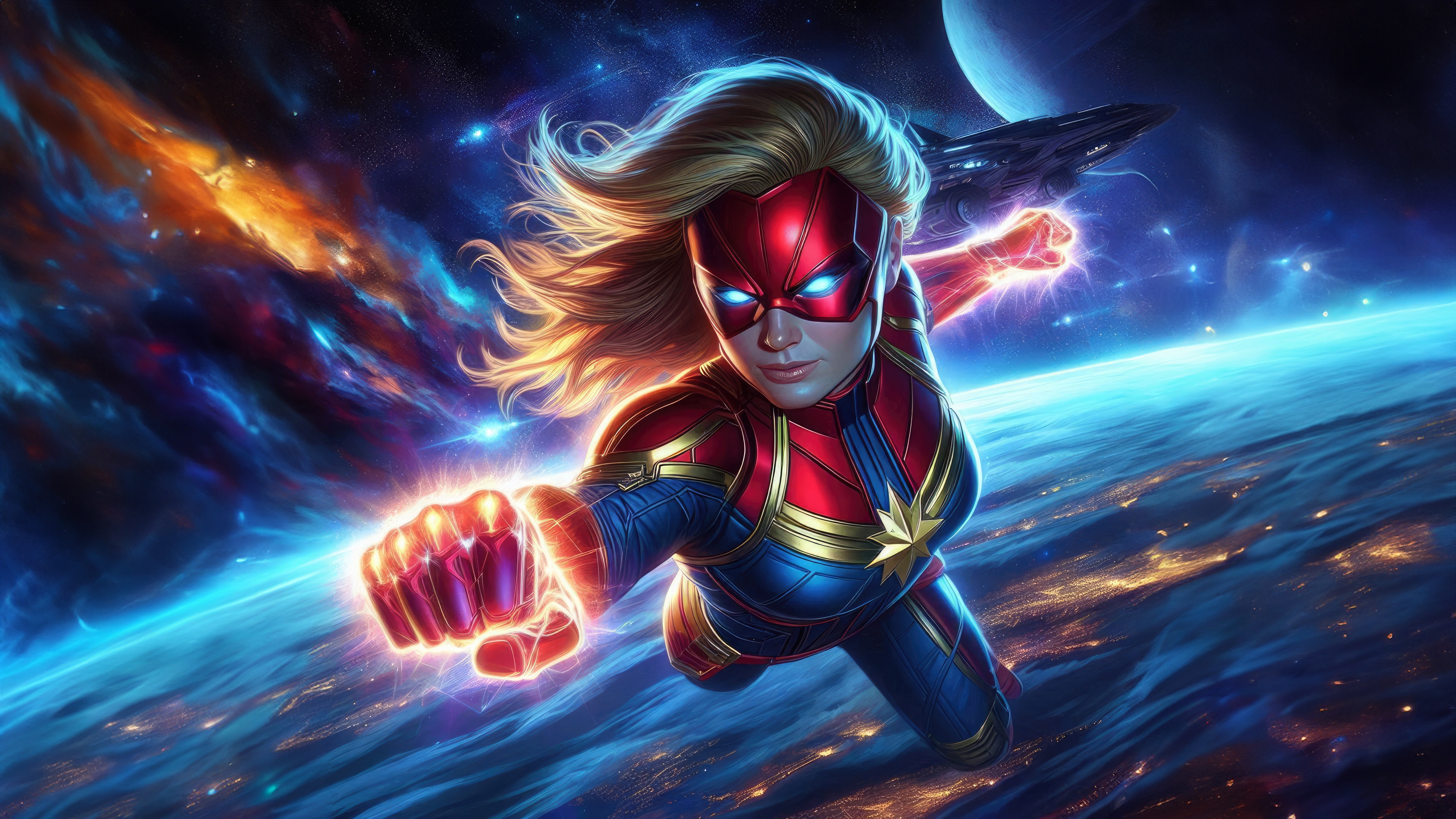 Captain Marvel flying in space over a planet HD Wallpaper