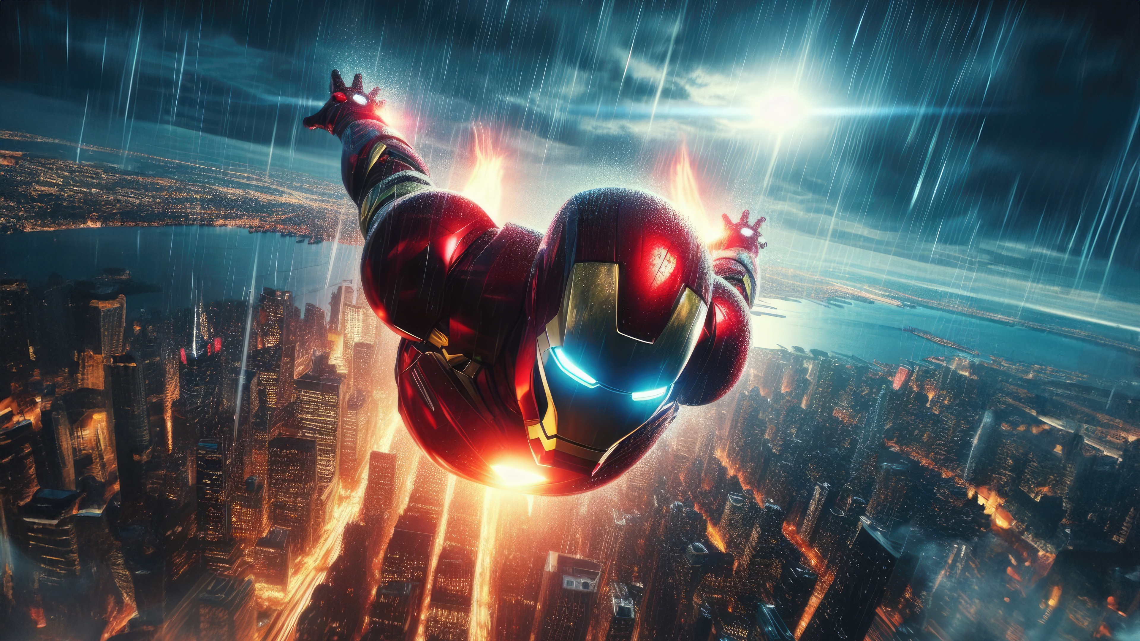 Iron Man Flying Over a City at Night HD Wallpaper