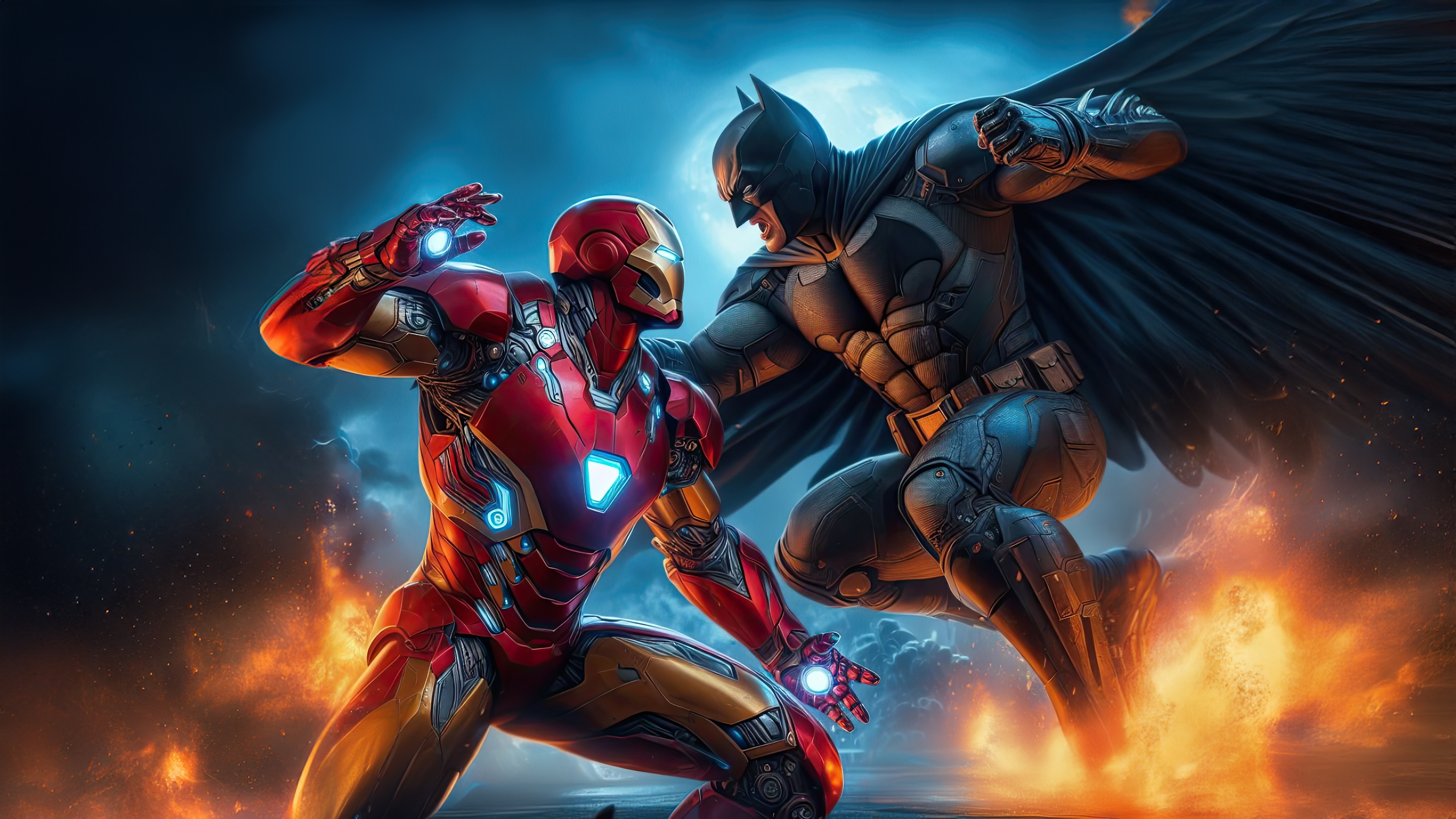 Batman and Iron Man in a fierce battle HD Wallpaper
