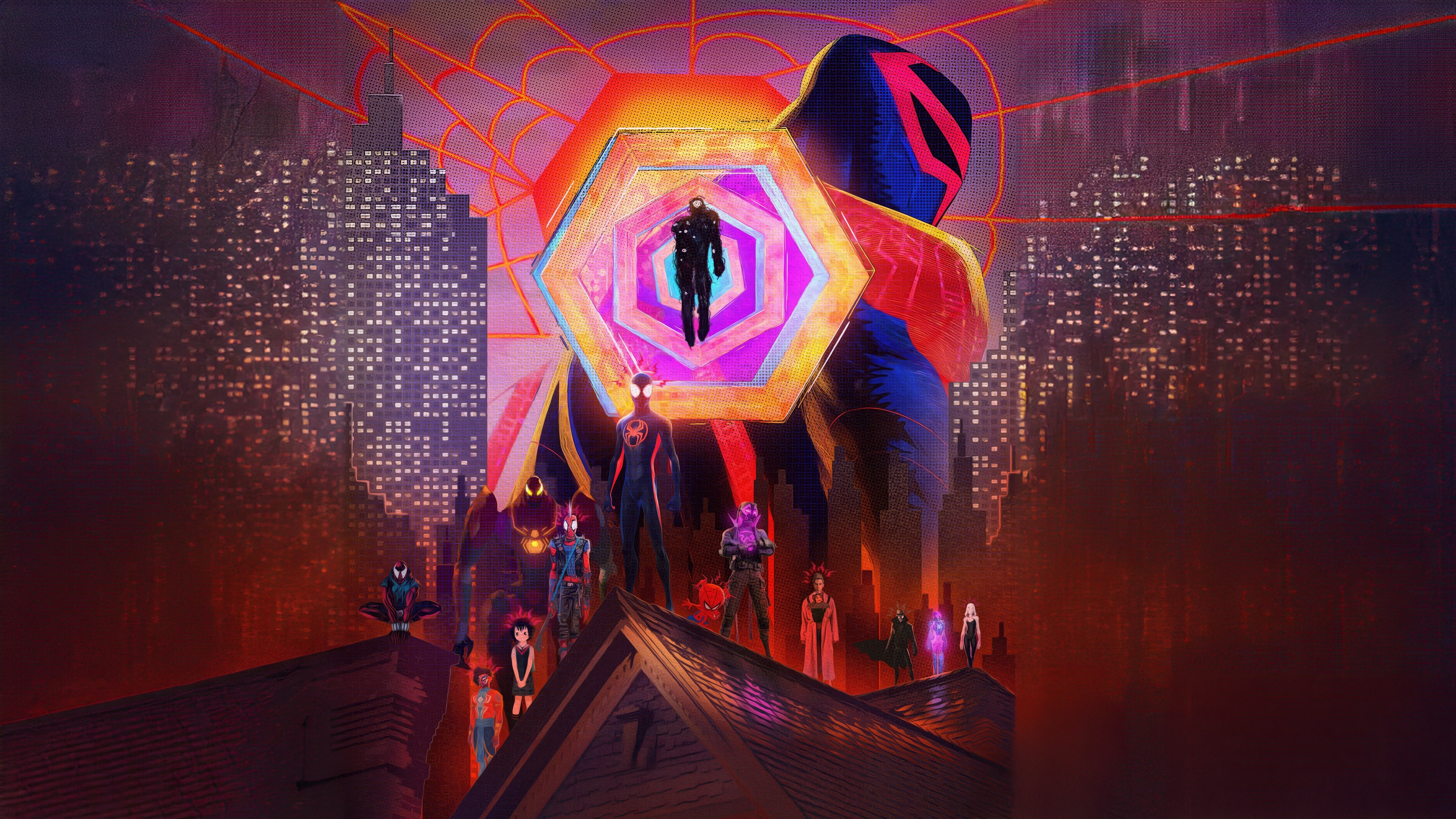 Spider-Man: Across the Spider-Verse characters on rooftops HD Wallpaper