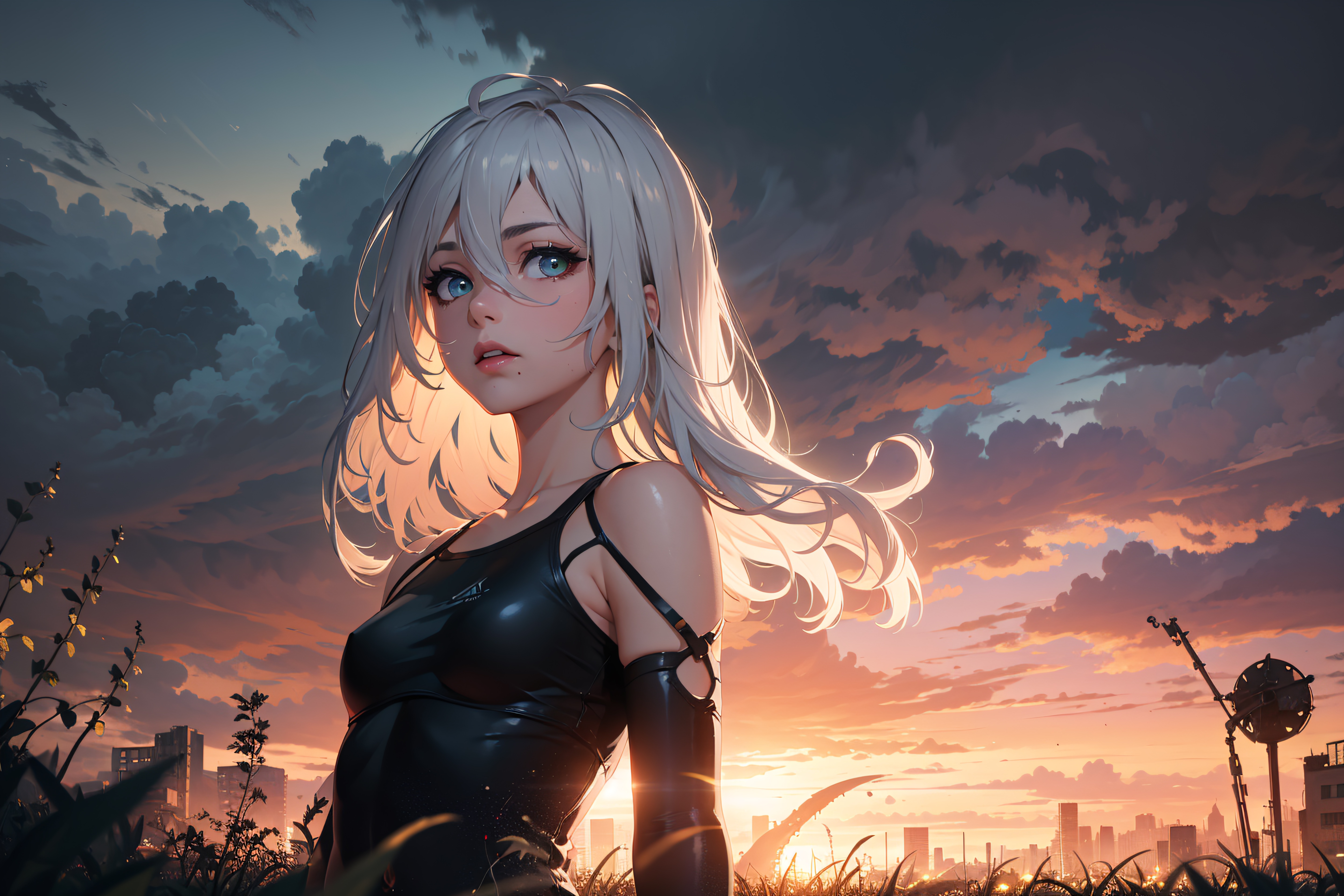 A2 from Nier: Automata in a field at sunset HD Wallpaper