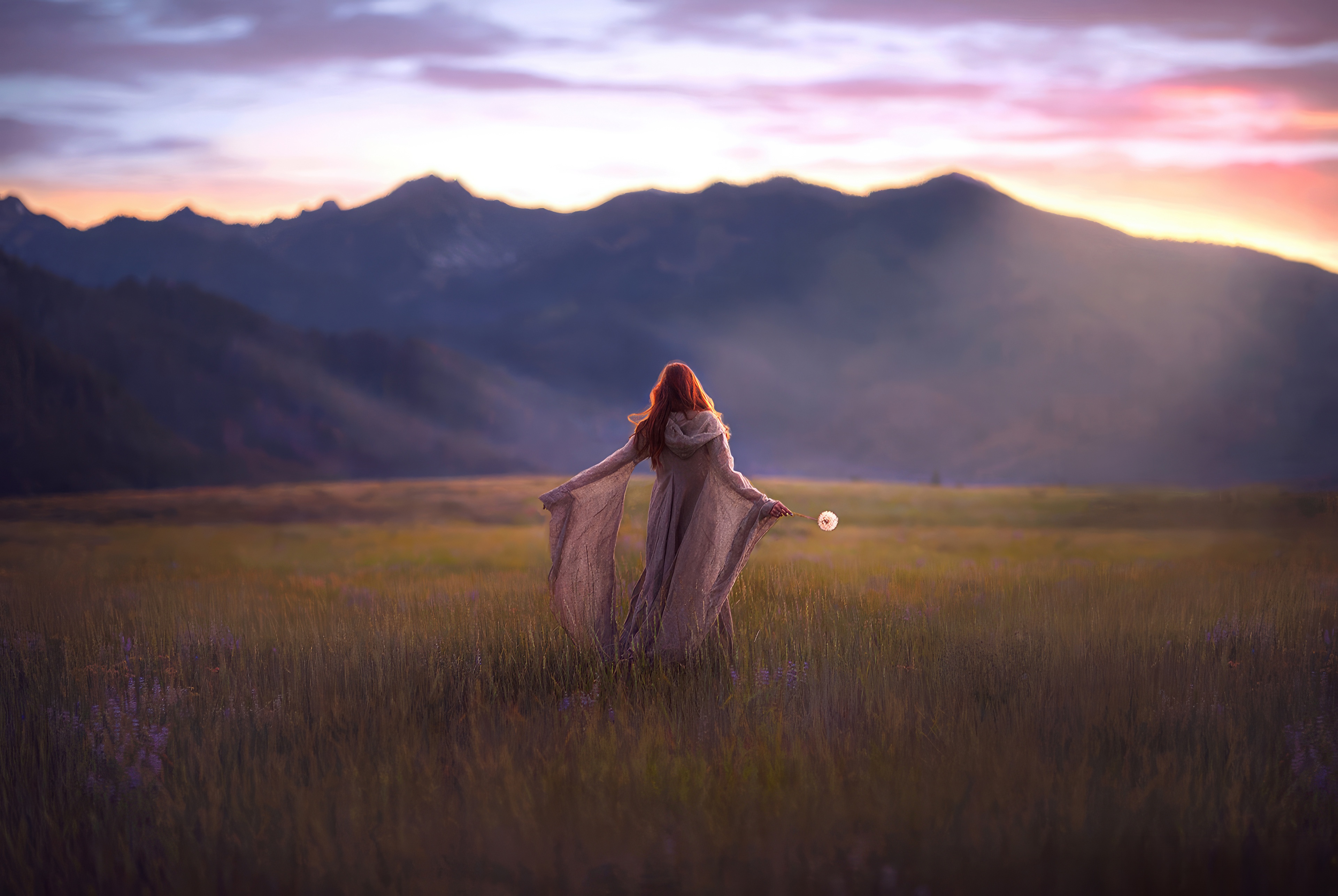 Girl with red hair in a field at sunset HD Wallpaper