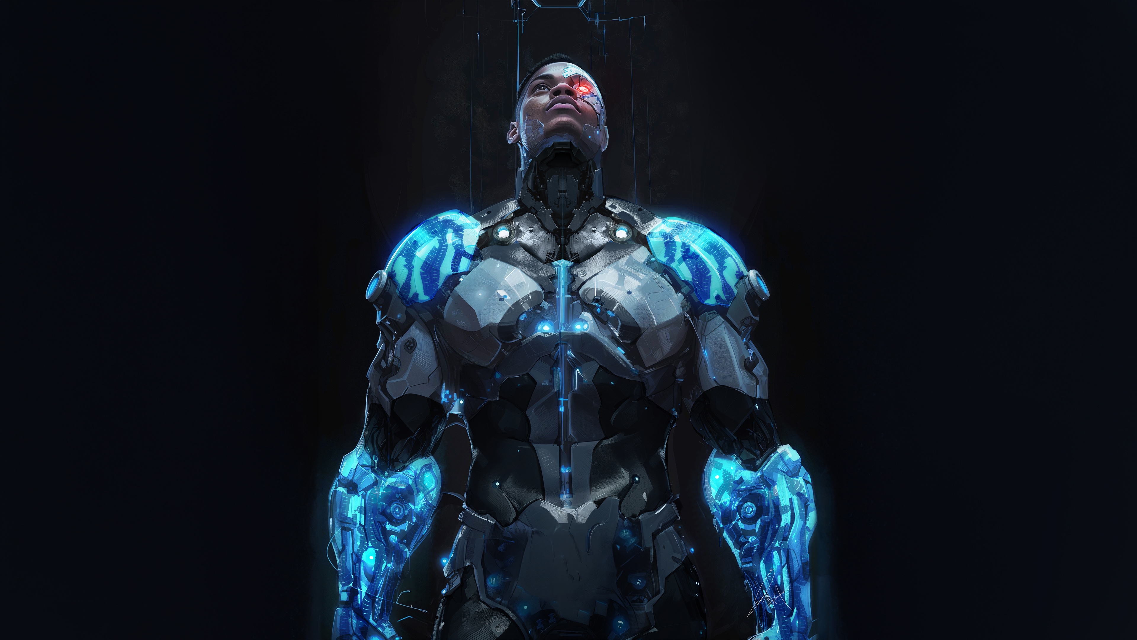 Cyborg standing with glowing blue cybernetics HD Wallpaper