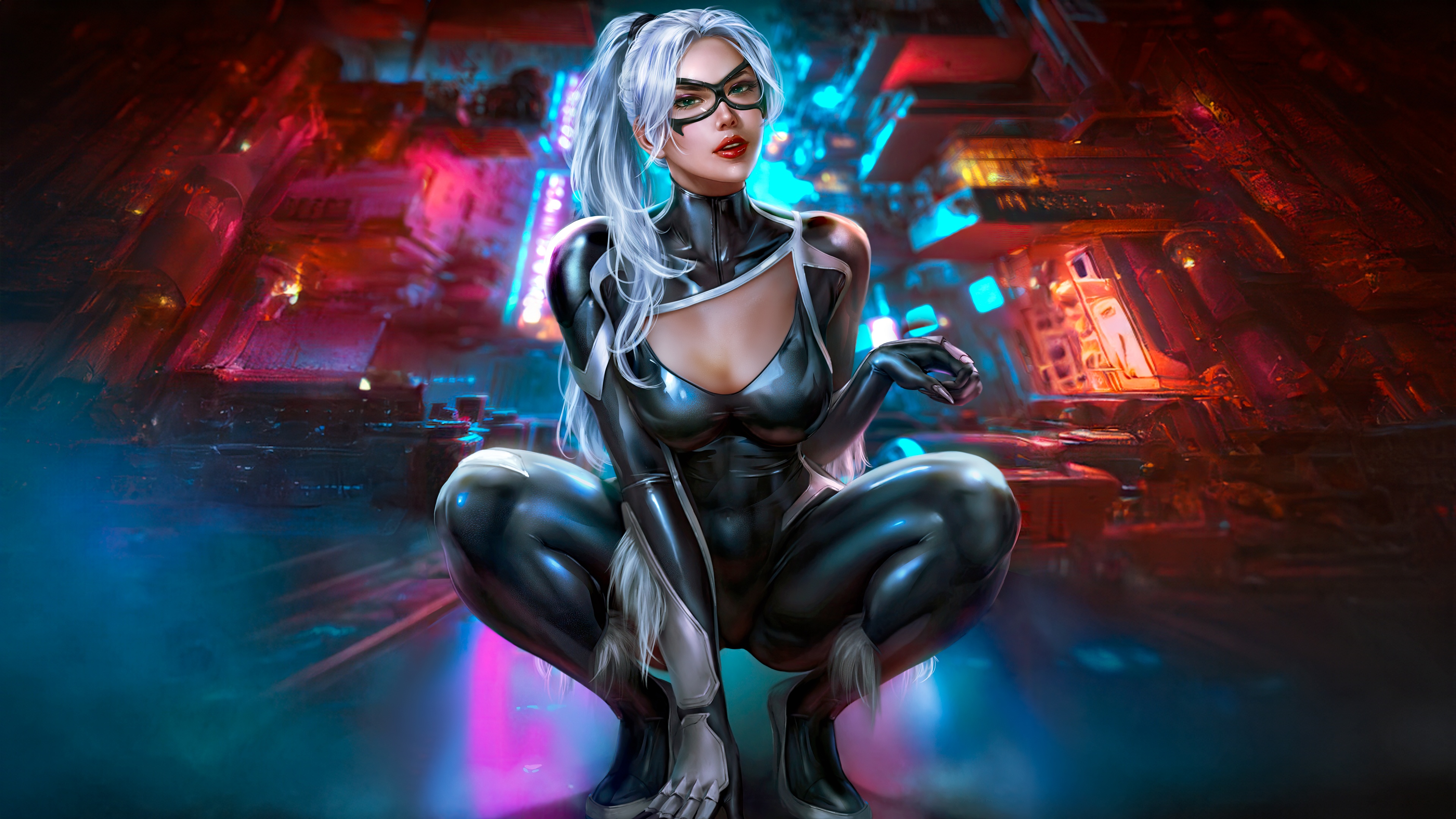 Black Cat Crouching in Neon City HD Wallpaper