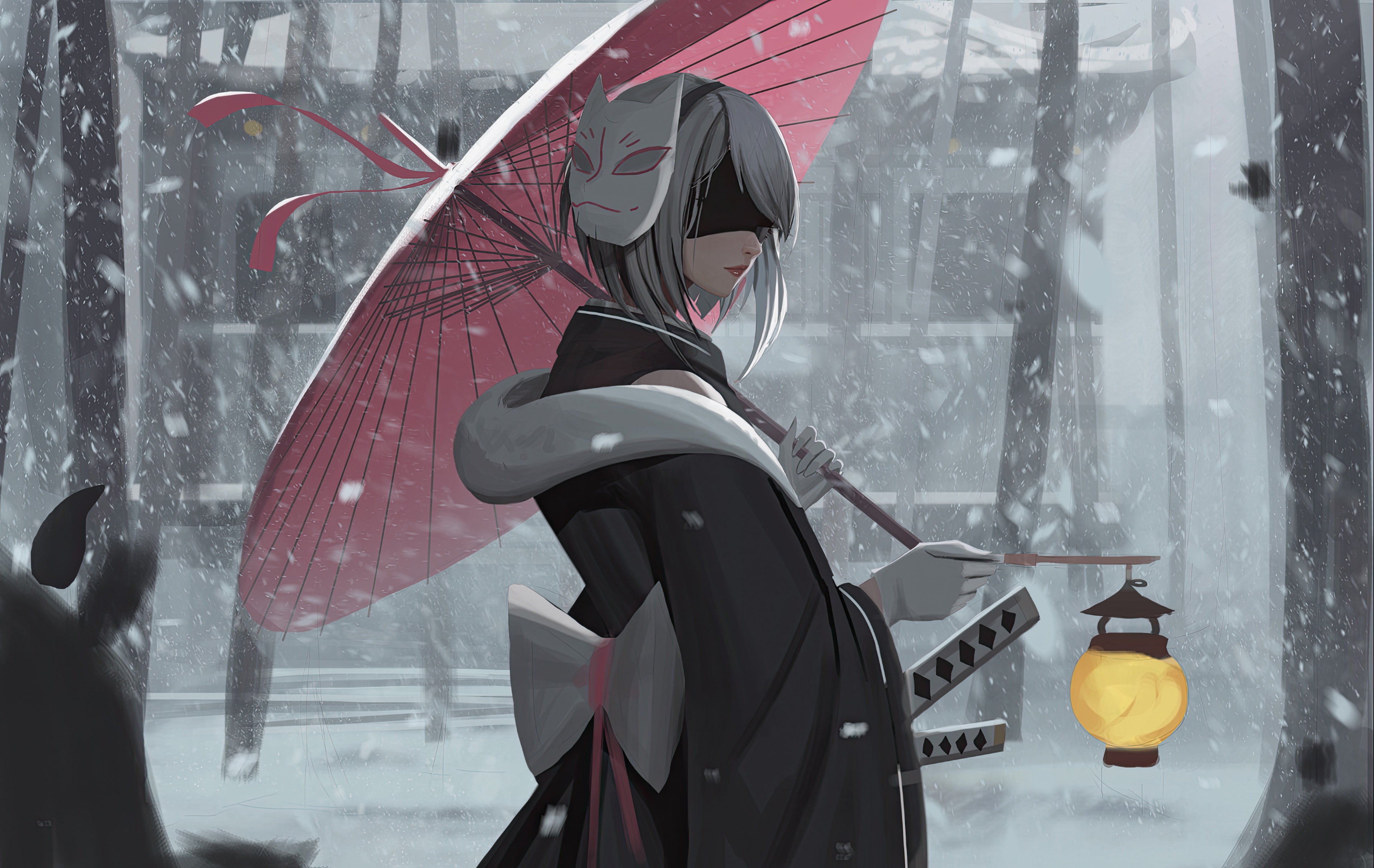 Girl with mask and umbrella in snow HD Wallpaper