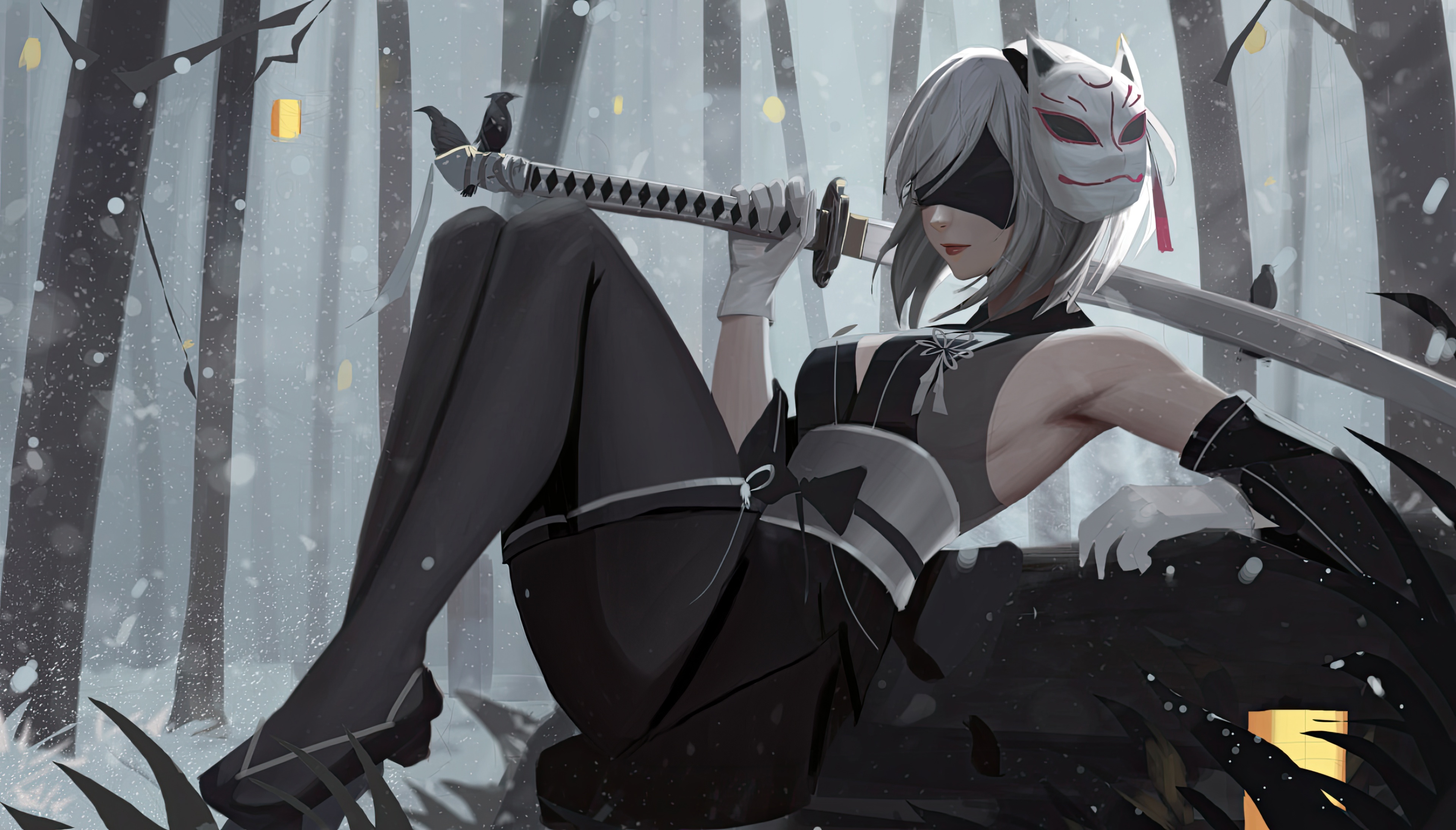 2B in a forest with a fox mask and sword HD Wallpaper