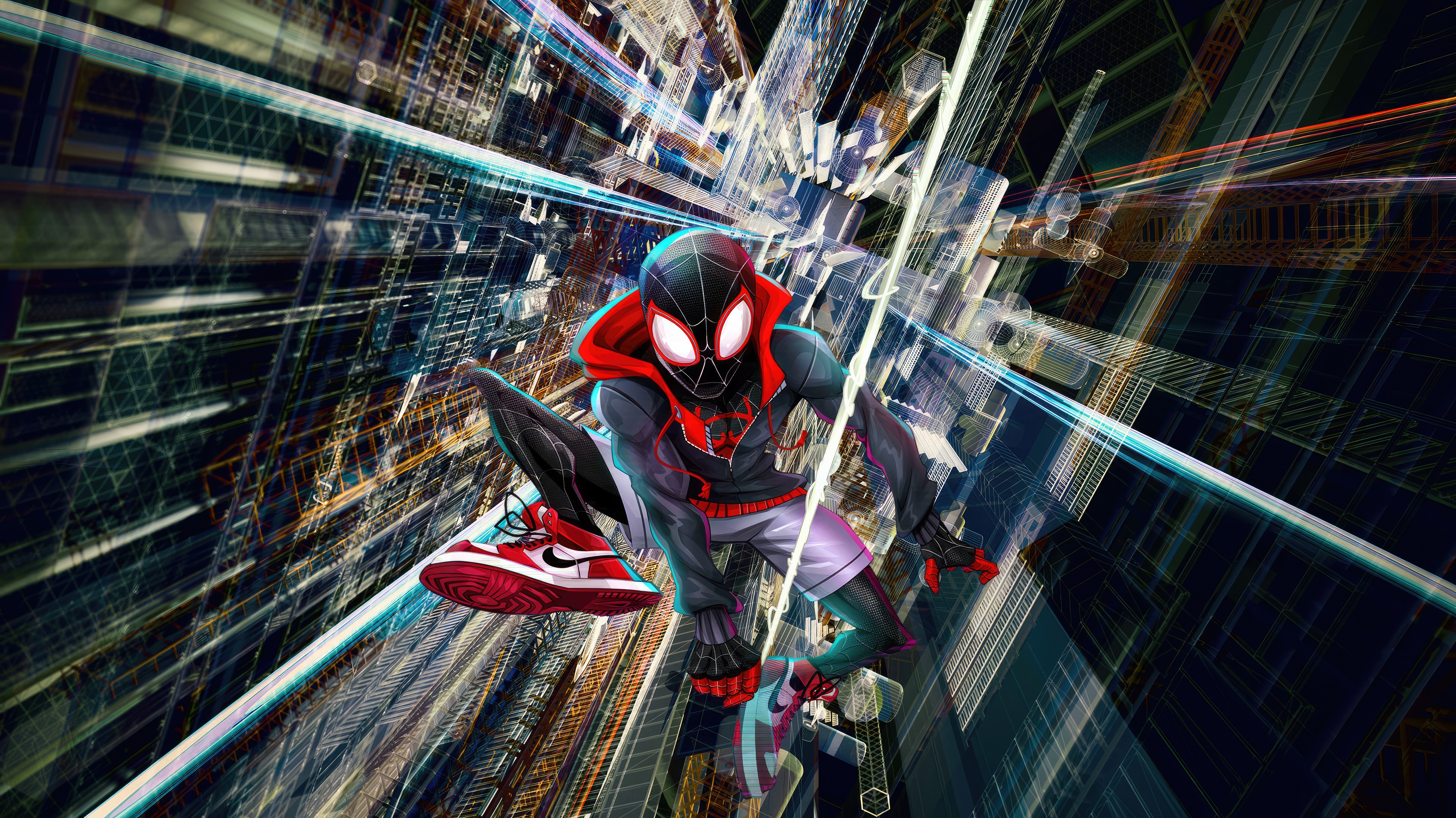 Miles Morales Swinging Through a Digital City HD Wallpaper