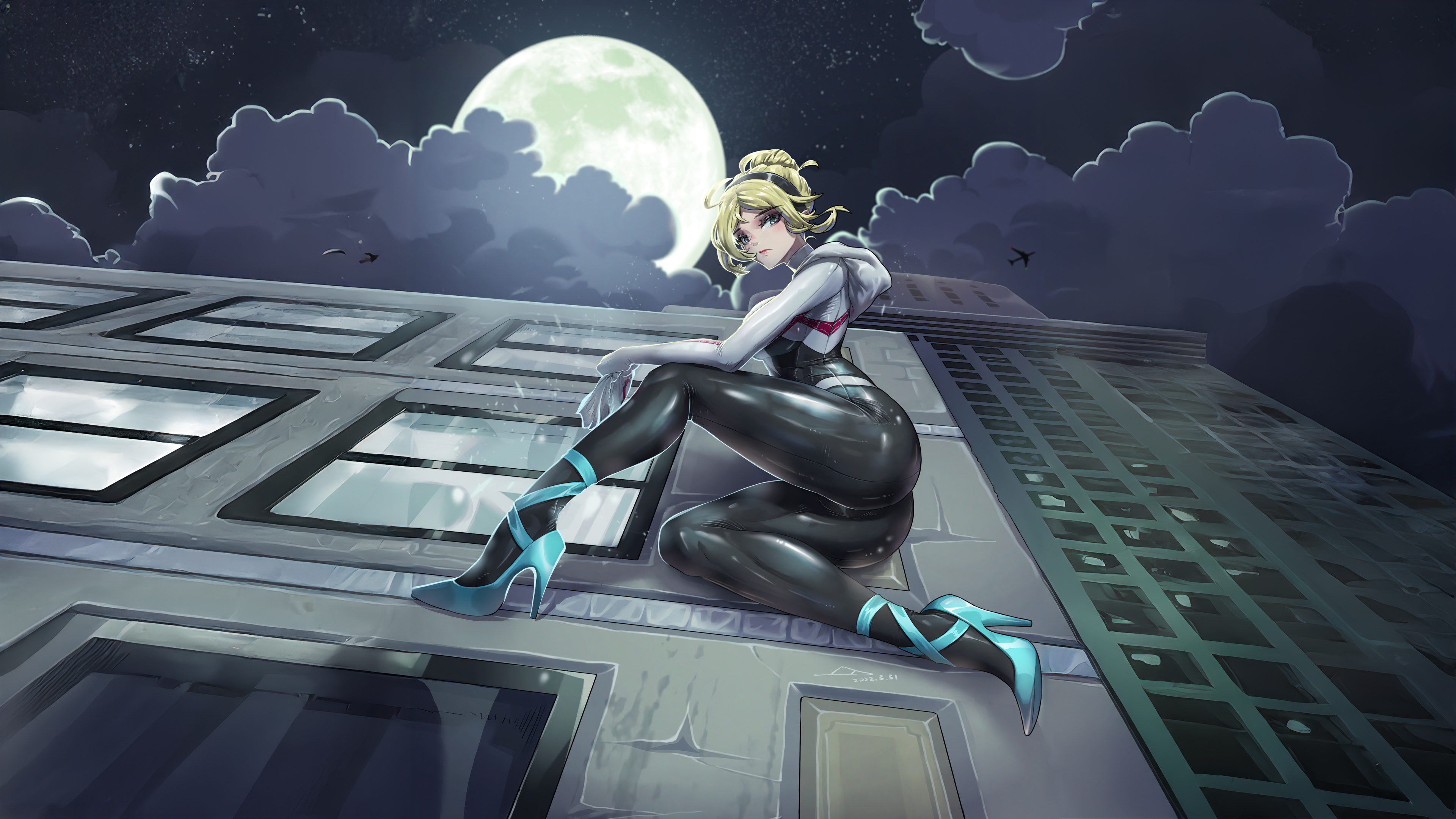 Gwen Stacy in Spider-Gwen costume on a rooftop at night HD Wallpaper
