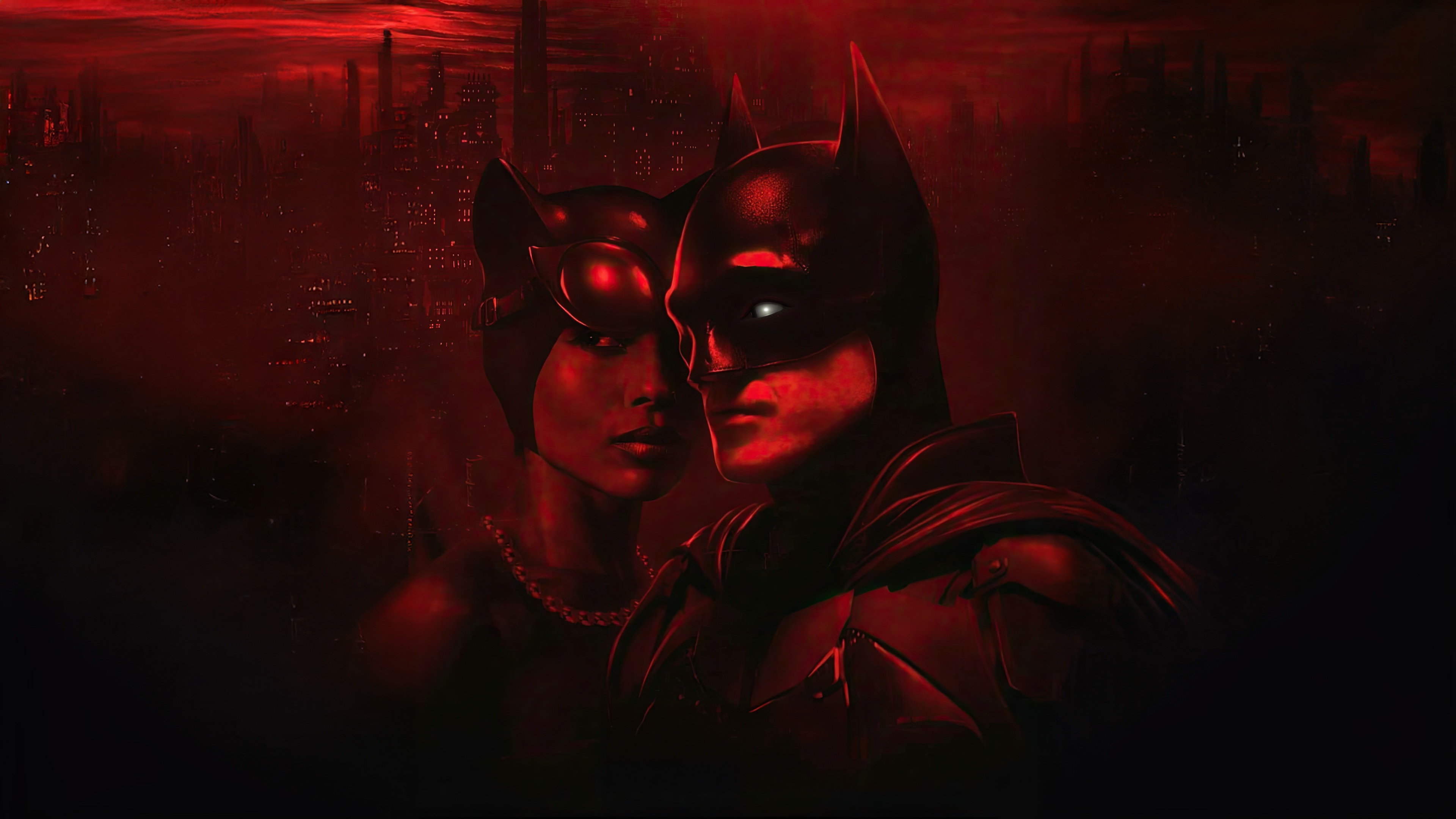 Batman and Catwoman in a red-lit city HD Wallpaper