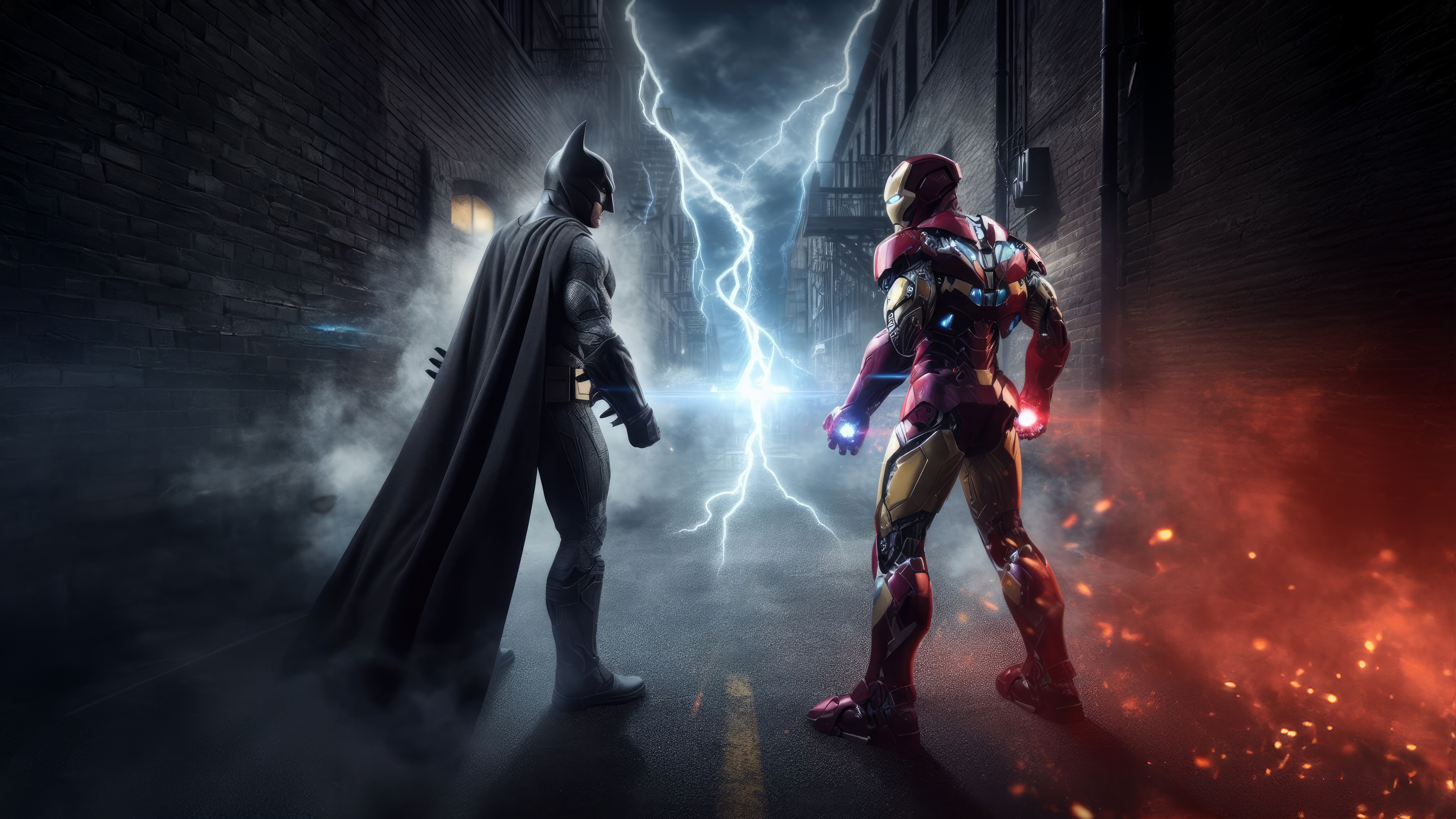 Batman and Iron Man face off in a lightning storm HD Wallpaper