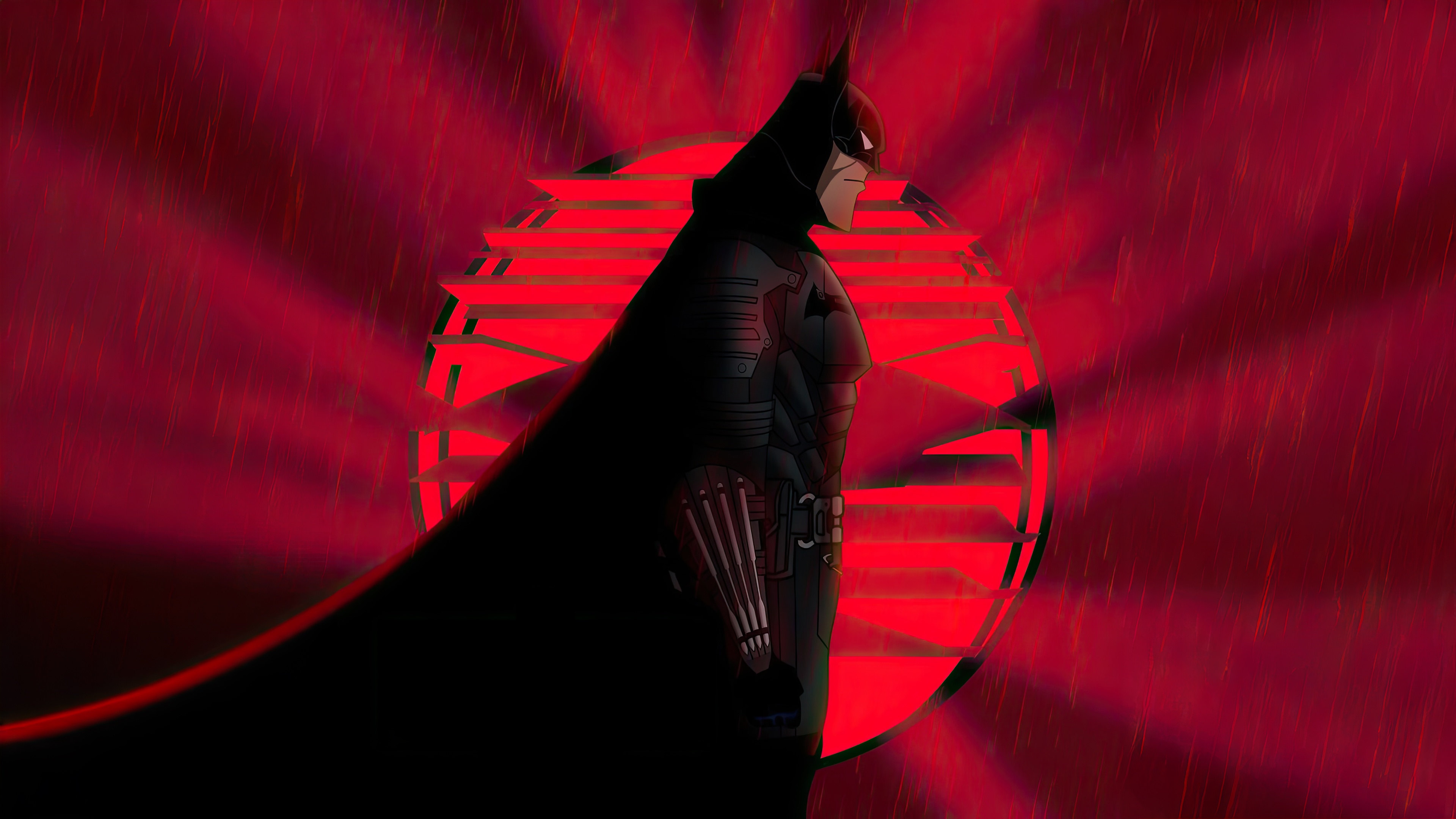 Batman in front of a red sunburst HD Wallpaper