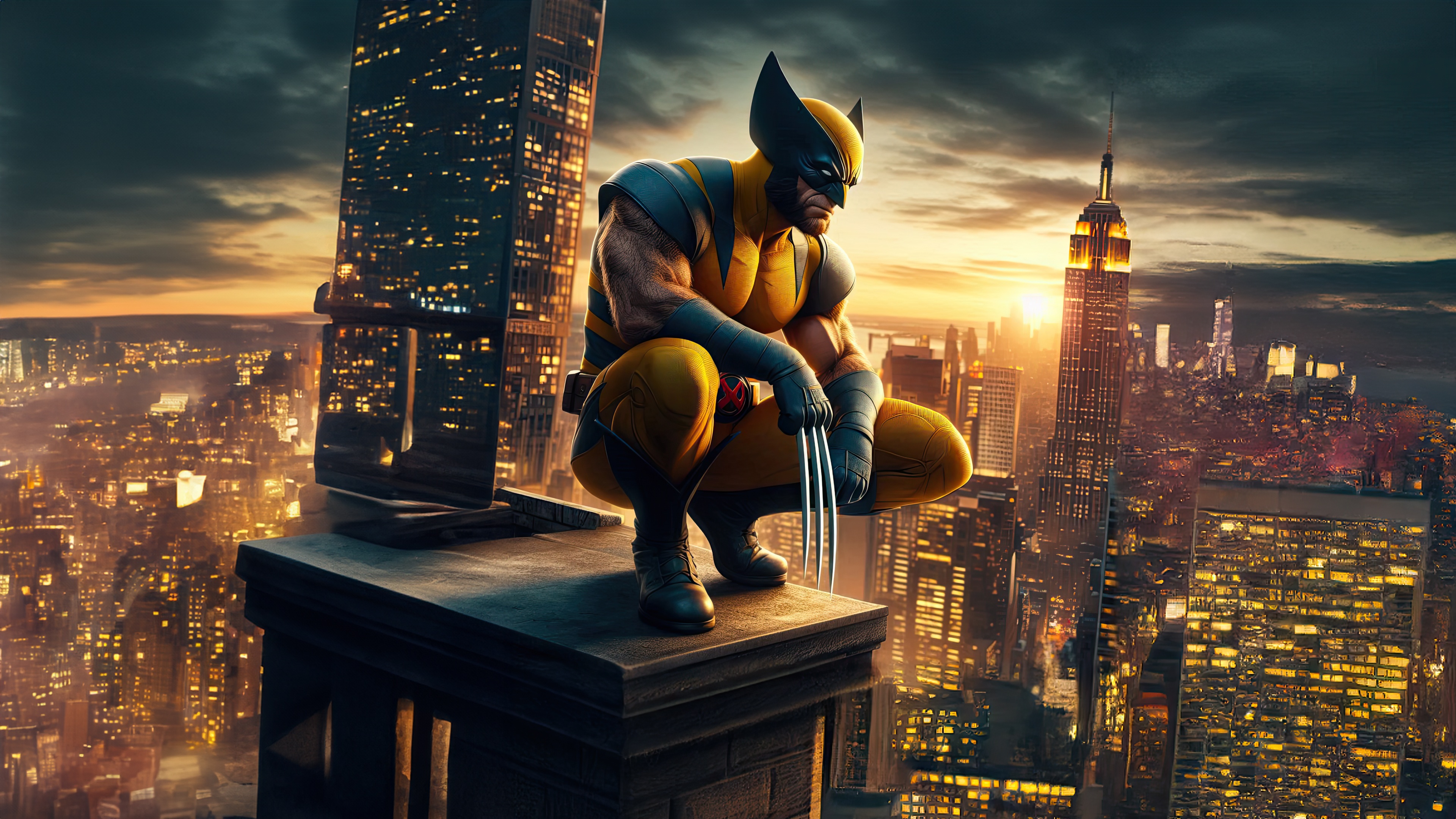 Wolverine Crouching on a Skyscraper Rooftop at Sunset HD Wallpaper