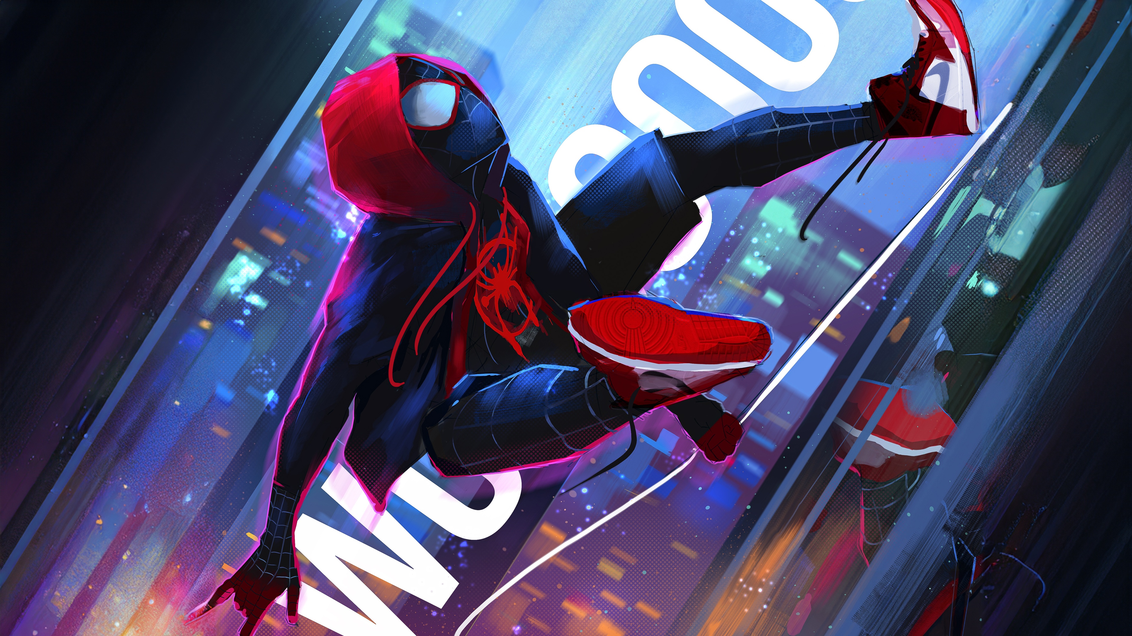 Miles Morales Swinging Through a City HD Wallpaper